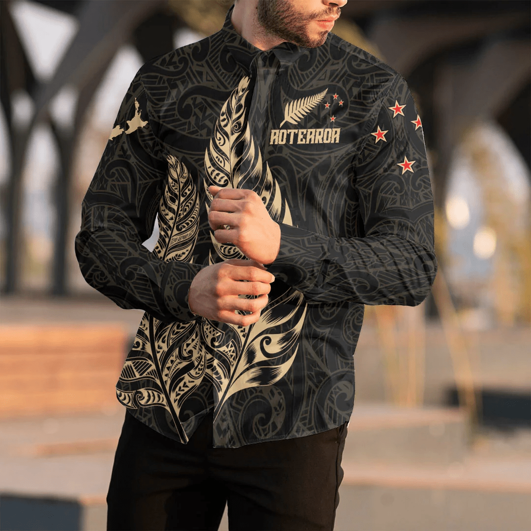 Clothing New Zealand Aotearoa Maori Silver Fern New Gold Version Long Sleeve Button Shirt