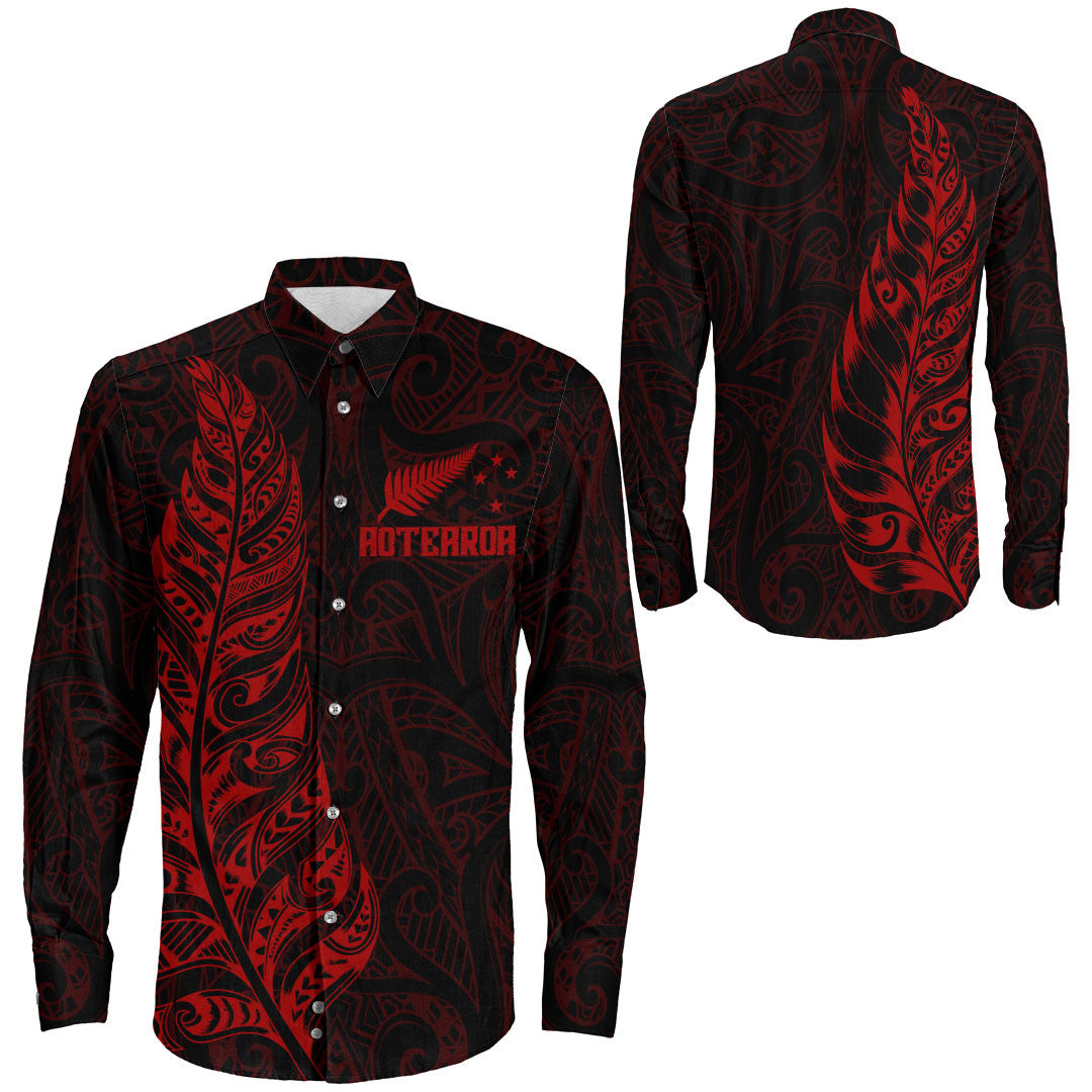 Clothing New Zealand Aotearoa Maori Silver Fern Red Version Long Sleeve Button Shirt