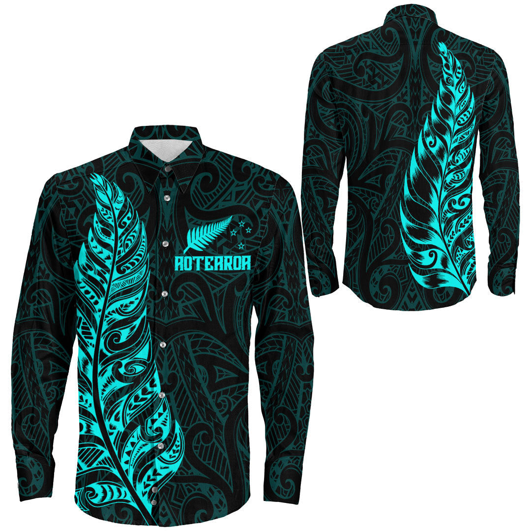 Clothing New Zealand Aotearoa Maori Silver Fern Cyan Version Long Sleeve Button Shirt