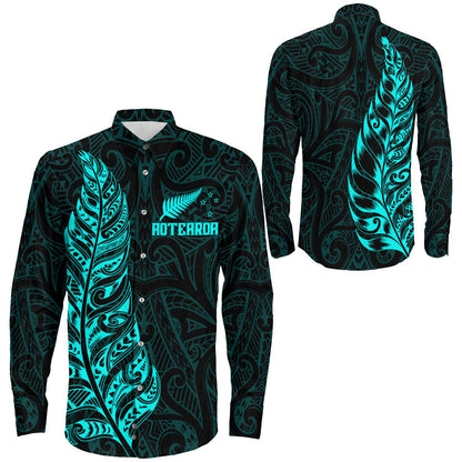 Clothing New Zealand Aotearoa Maori Silver Fern Cyan Version Long Sleeve Button Shirt