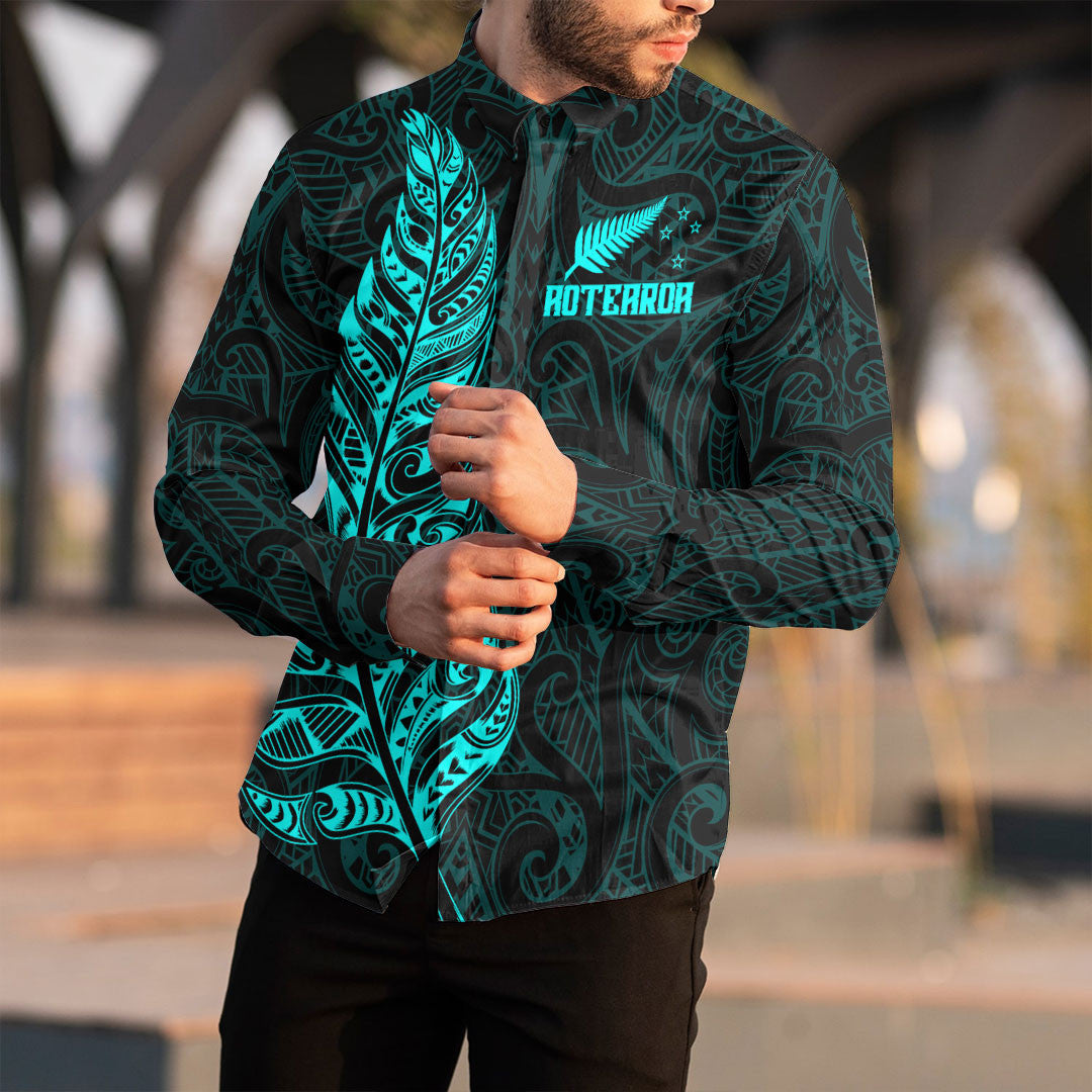 Clothing New Zealand Aotearoa Maori Silver Fern Cyan Version Long Sleeve Button Shirt