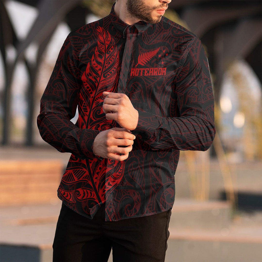 Clothing New Zealand Aotearoa Maori Silver Fern Red Version Long Sleeve Button Shirt