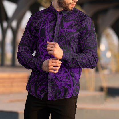 Clothing New Zealand Aotearoa Maori Fern Purple Version Long Sleeve Button Shirt