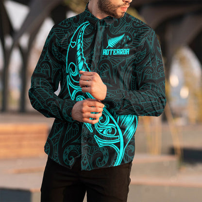 Clothing New Zealand Aotearoa Maori Fern Cyan Version Long Sleeve Button Shirt