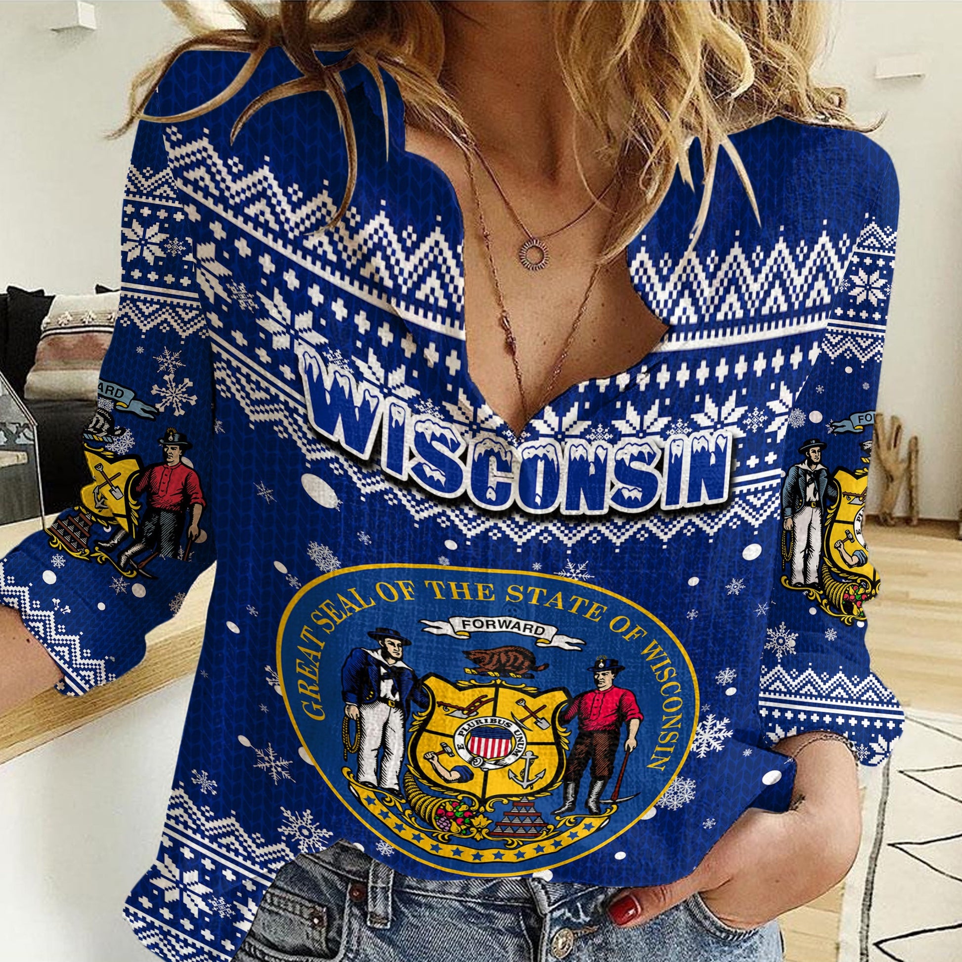 Clothing Wisconsin Christmas Women Casual Shirt