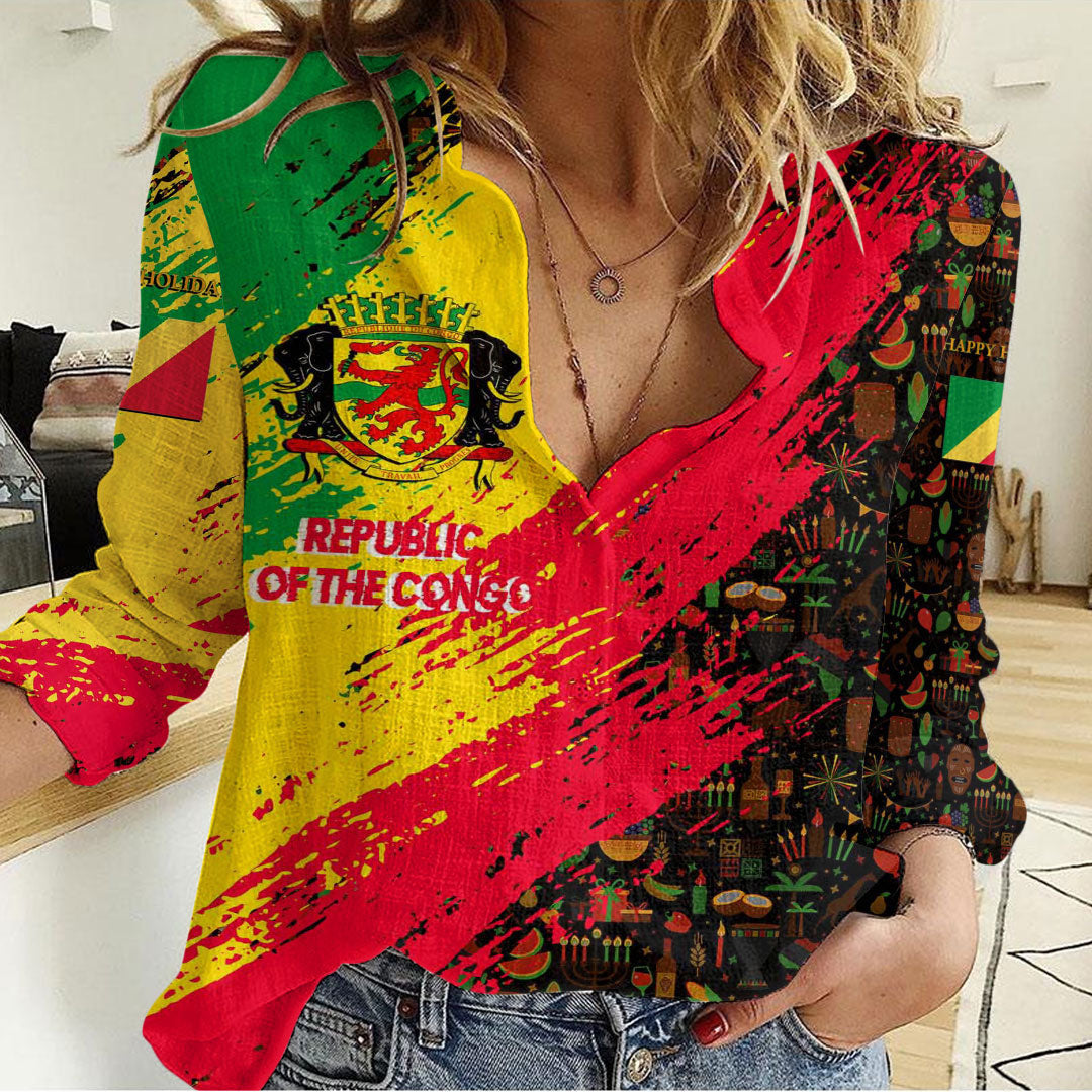 Clothing Republic of the Congo Happy Kwanzaa Women's Casual Shirt