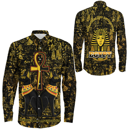 Clothing Egypth Goddess Bastet And Pharaoh Gold Pattern Long Sleeve Button Shirt