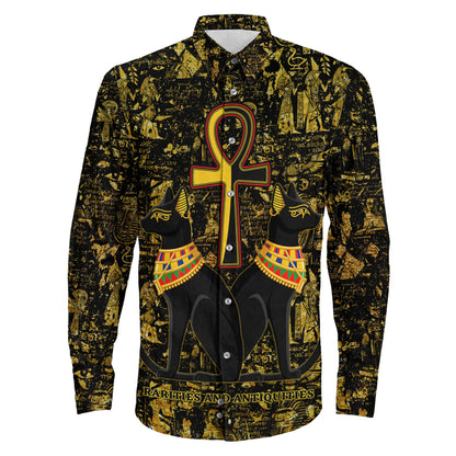 Clothing Egypth Goddess Bastet And Pharaoh Gold Pattern Long Sleeve Button Shirt