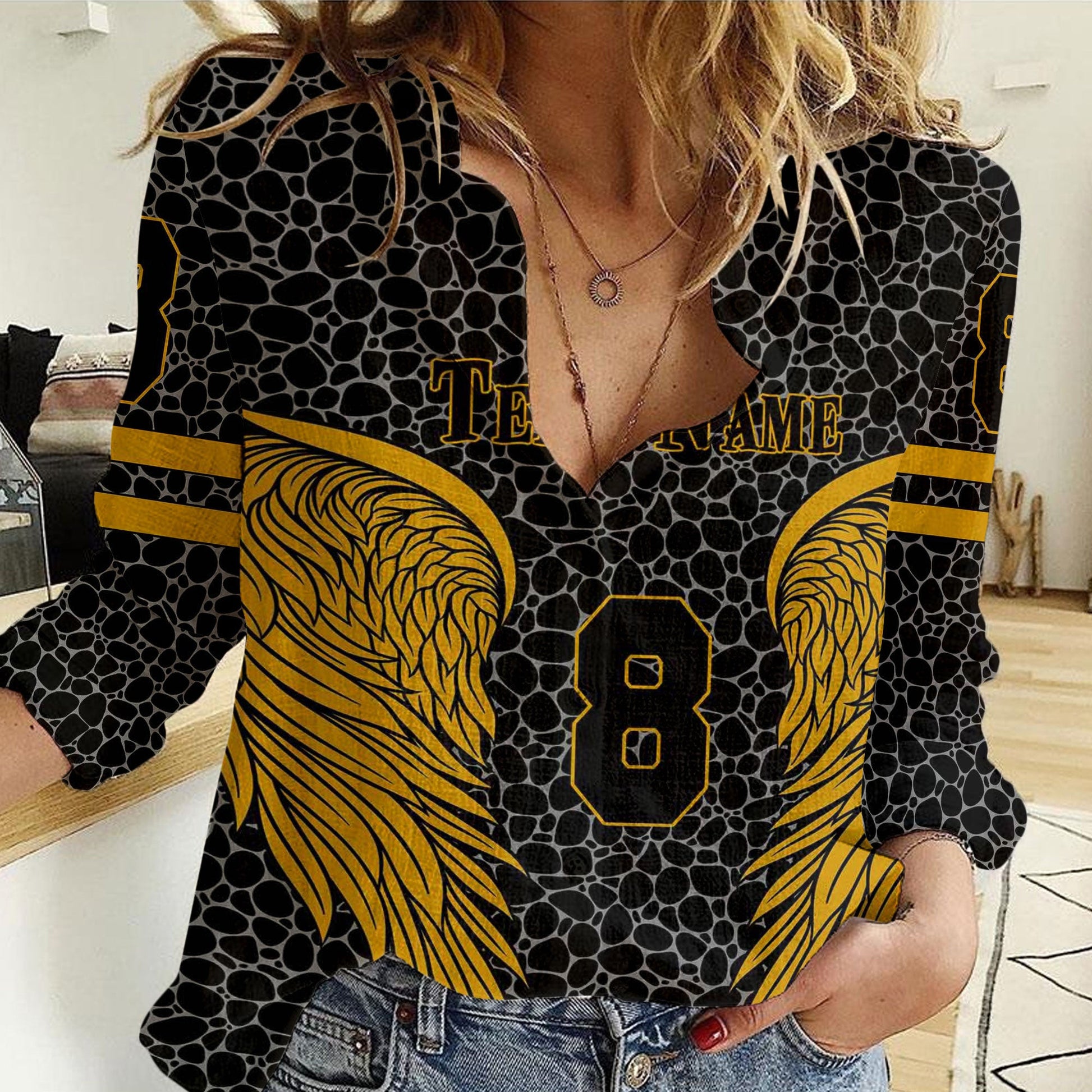 Clothing Custom Wing Black Pattern Basketball Sport Women Casual Shirt