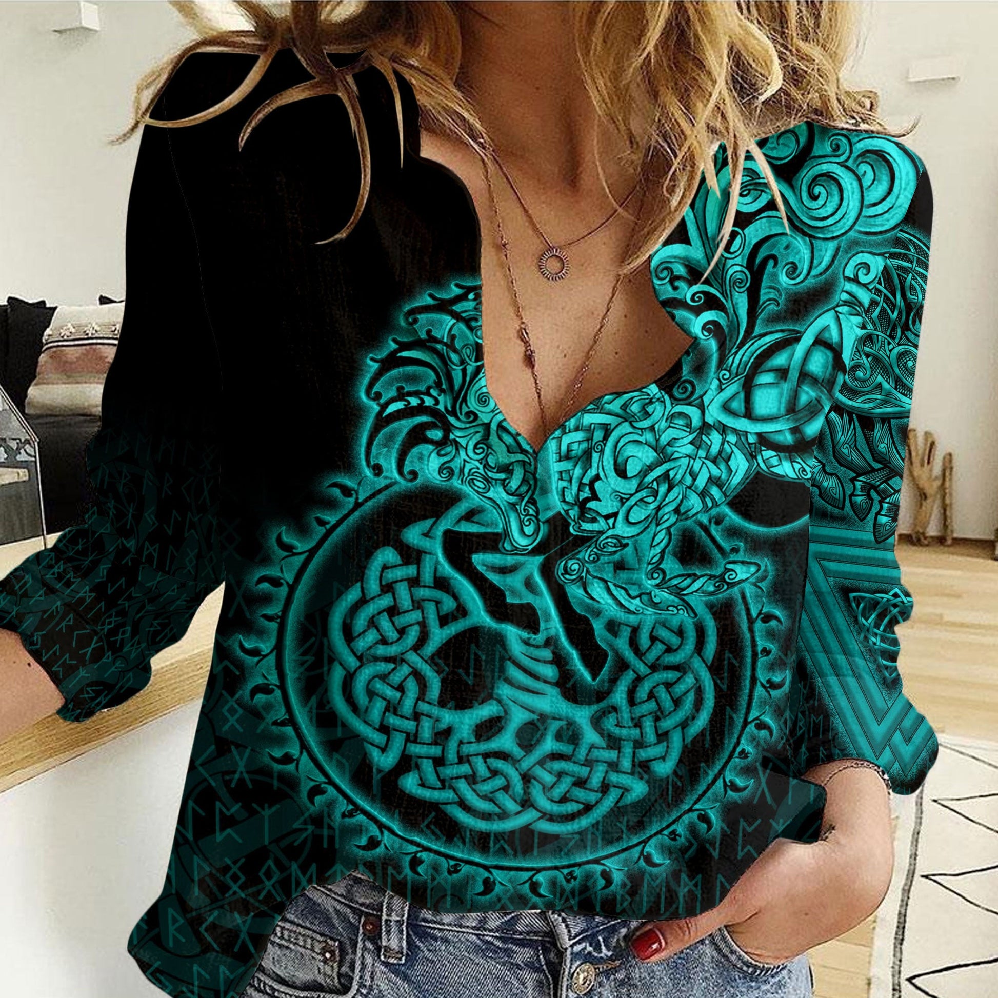 Clothing Sleipnir Turquoise Viking Women Casual Shirt