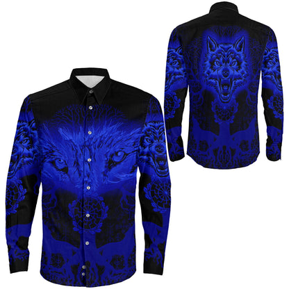 Clothing Wolf And Tree Blue Viking Long Sleeve Button Shirt