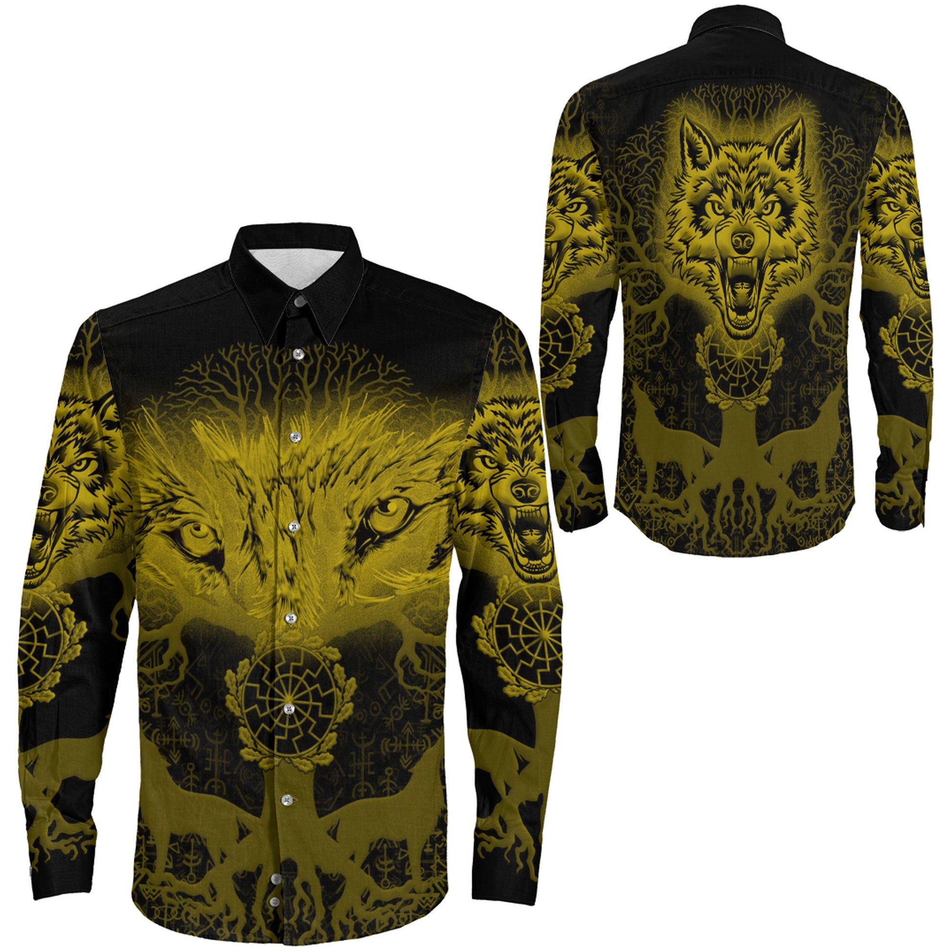 Clothing Wolf And Tree Gold Viking Long Sleeve Button Shirt