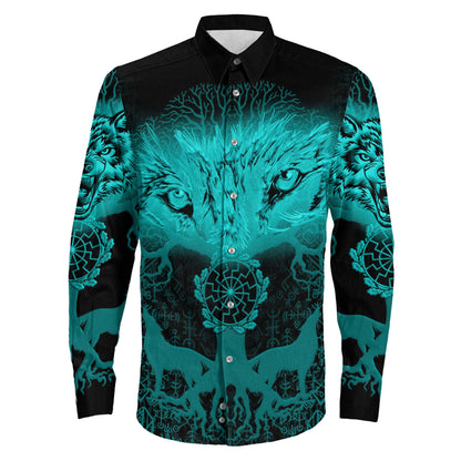 Clothing Wolf And Tree Turquoise Viking Long Sleeve Button Shirt