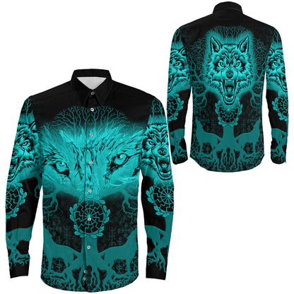 Clothing Wolf And Tree Turquoise Viking Long Sleeve Button Shirt