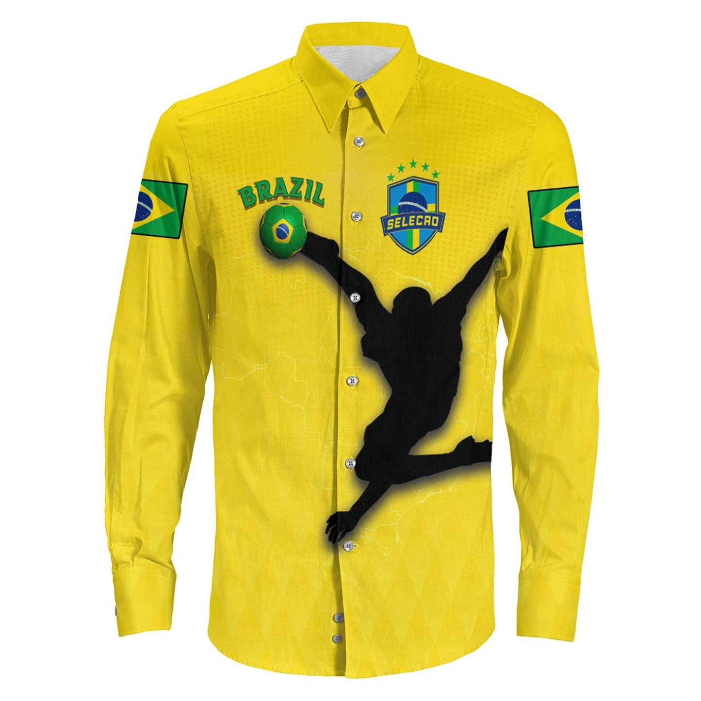 Clothing Brazil Football Style Long Sleeve Button Shirt