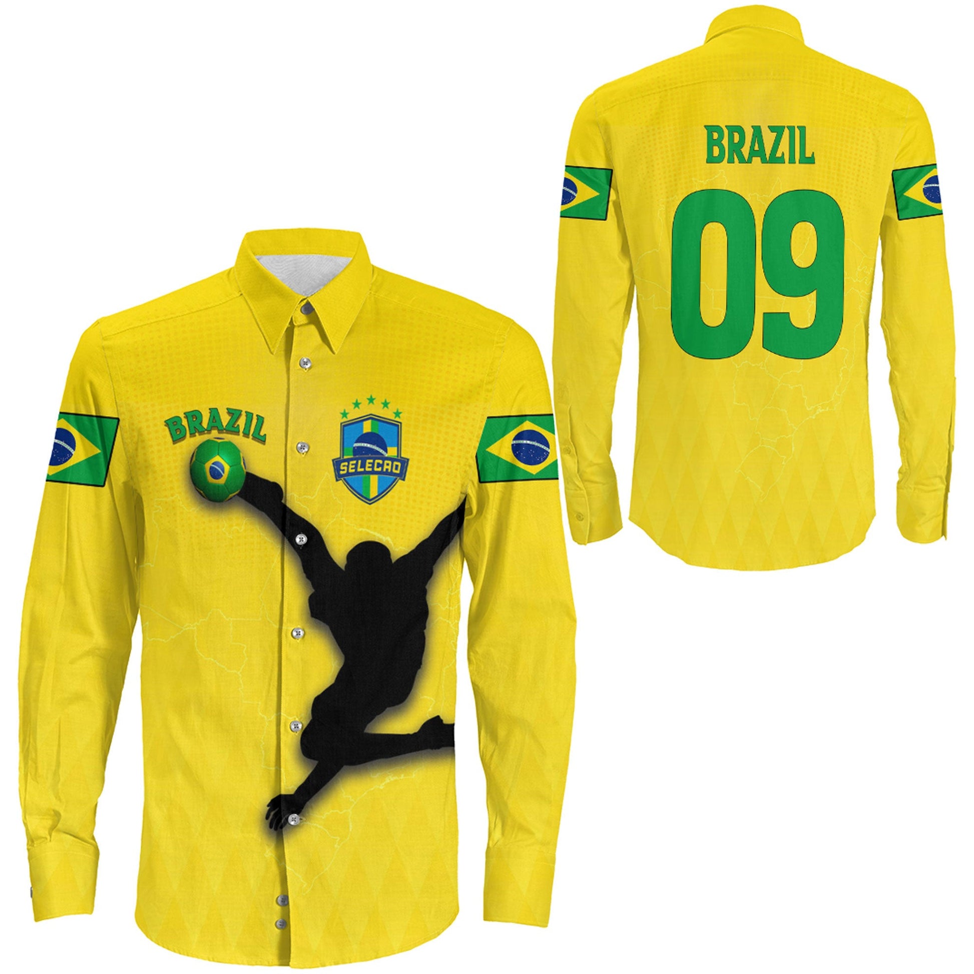 Clothing Brazil Football Style Long Sleeve Button Shirt