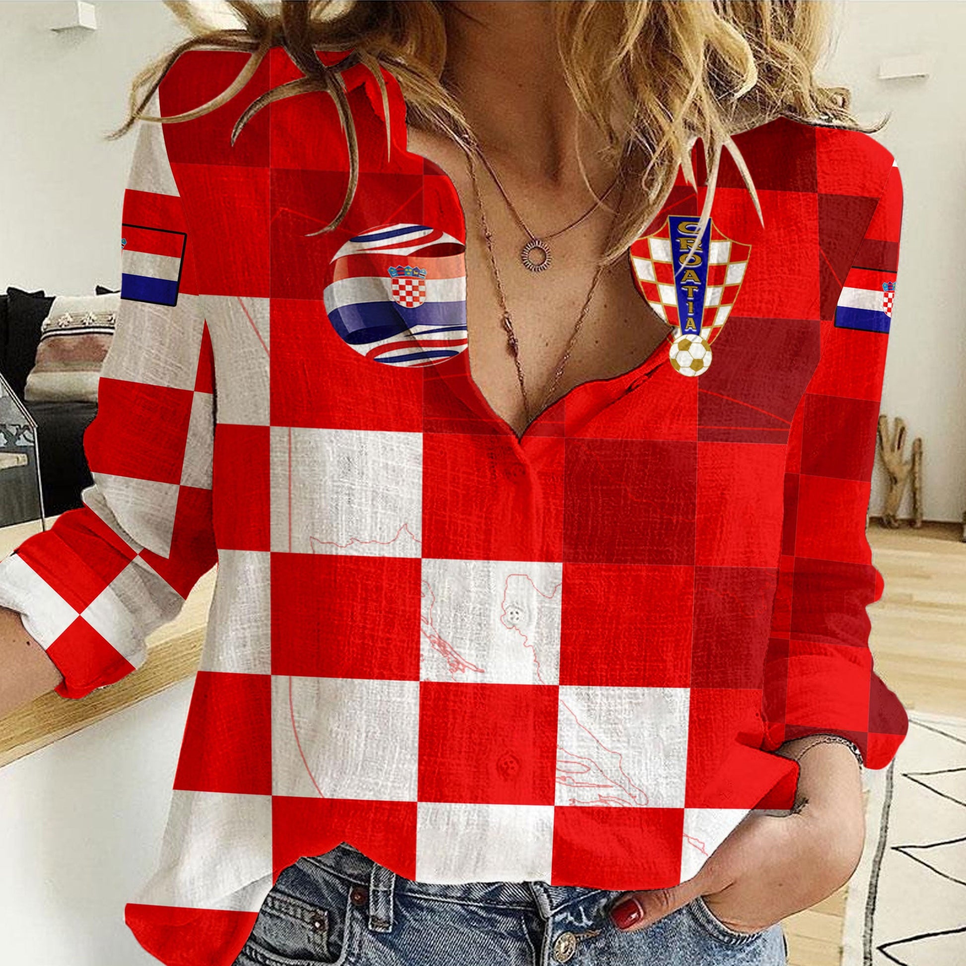 Clothing Croatia Soccer Style Women Casual Shirt