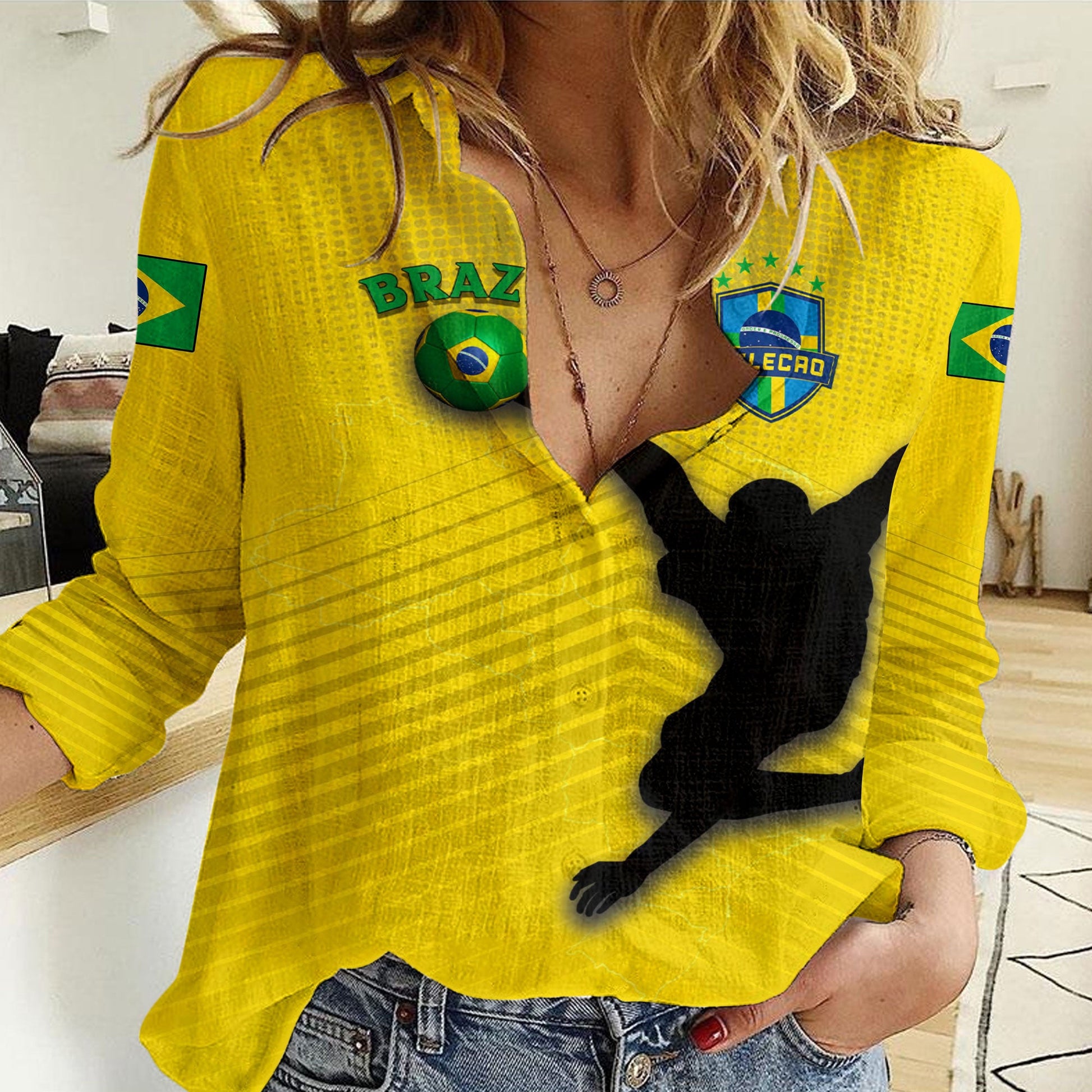 Clothing Brazil Soccer Style Women Casual Shirt