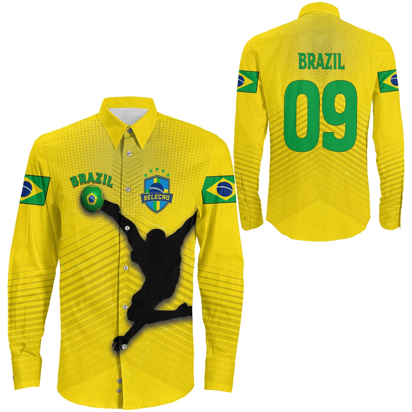 Clothing Brazil Soccer Style Long Sleeve Button Shirt