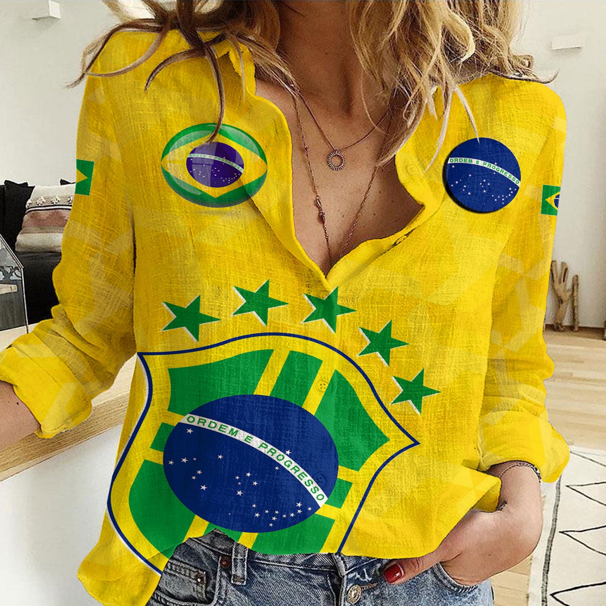 Clothing Custom Brazil Soccer Style Women Casual Shirt