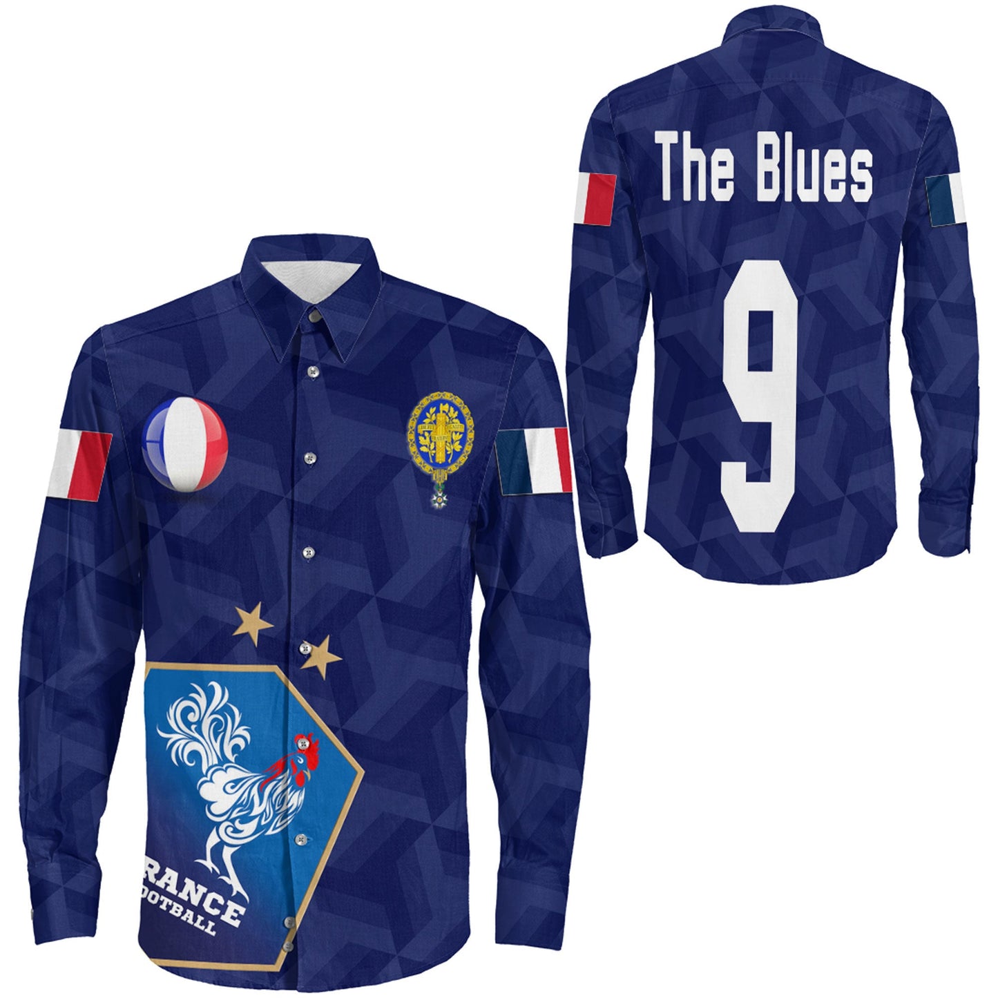 Clothing Custom France Soccer Style Long Sleeve Button Shirt