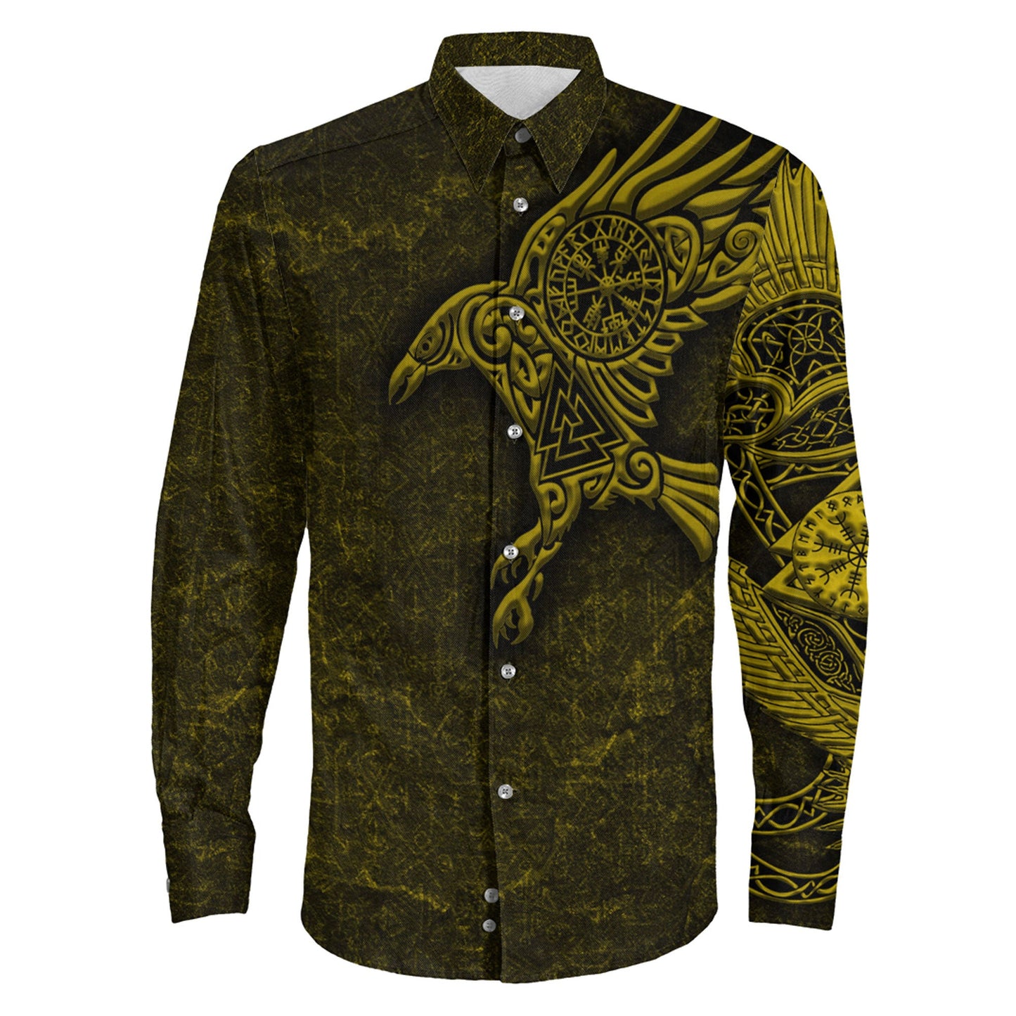Clothing Raven Vegvisir Gold Viking Long Sleeve Button Shirt