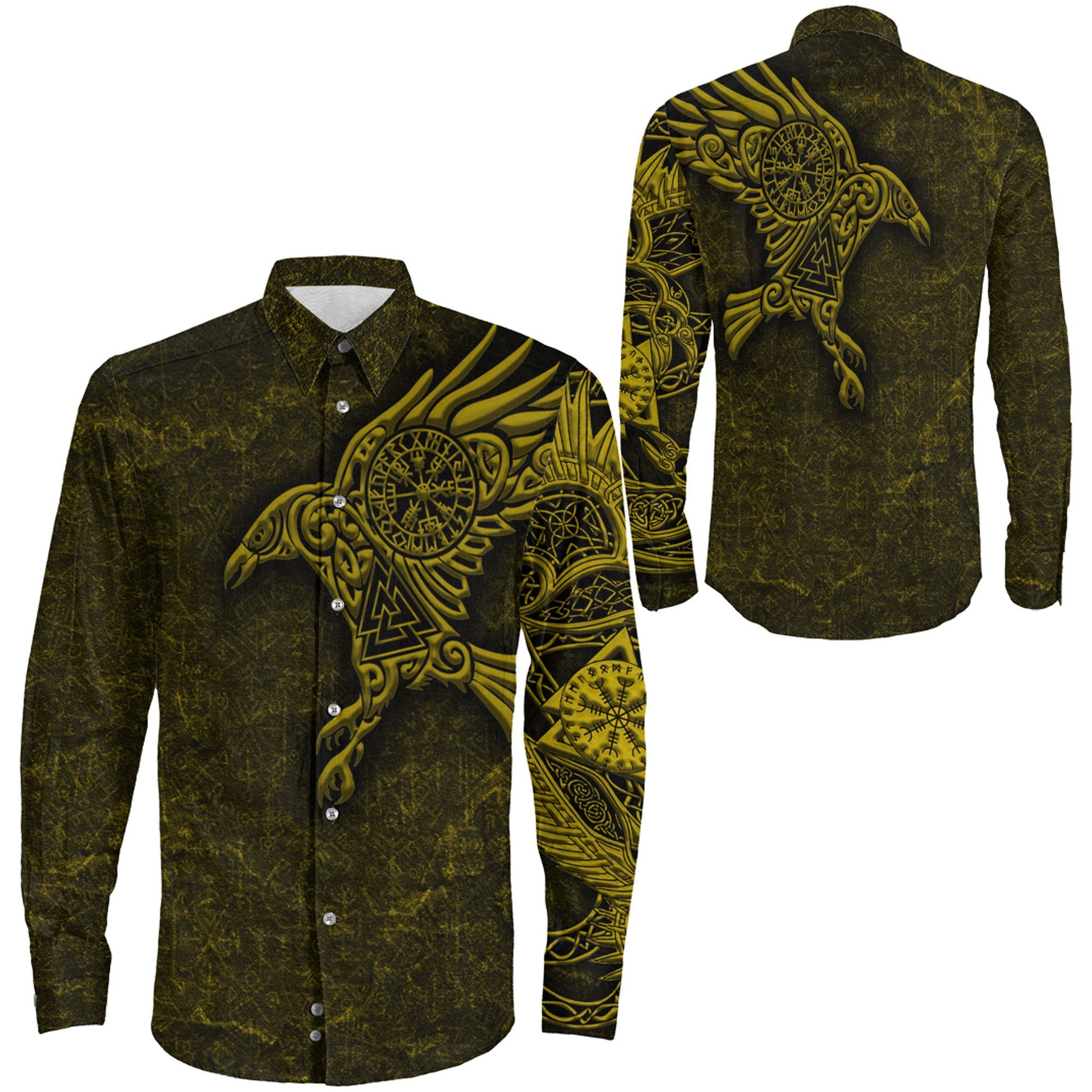 Clothing Raven Vegvisir Gold Viking Long Sleeve Button Shirt