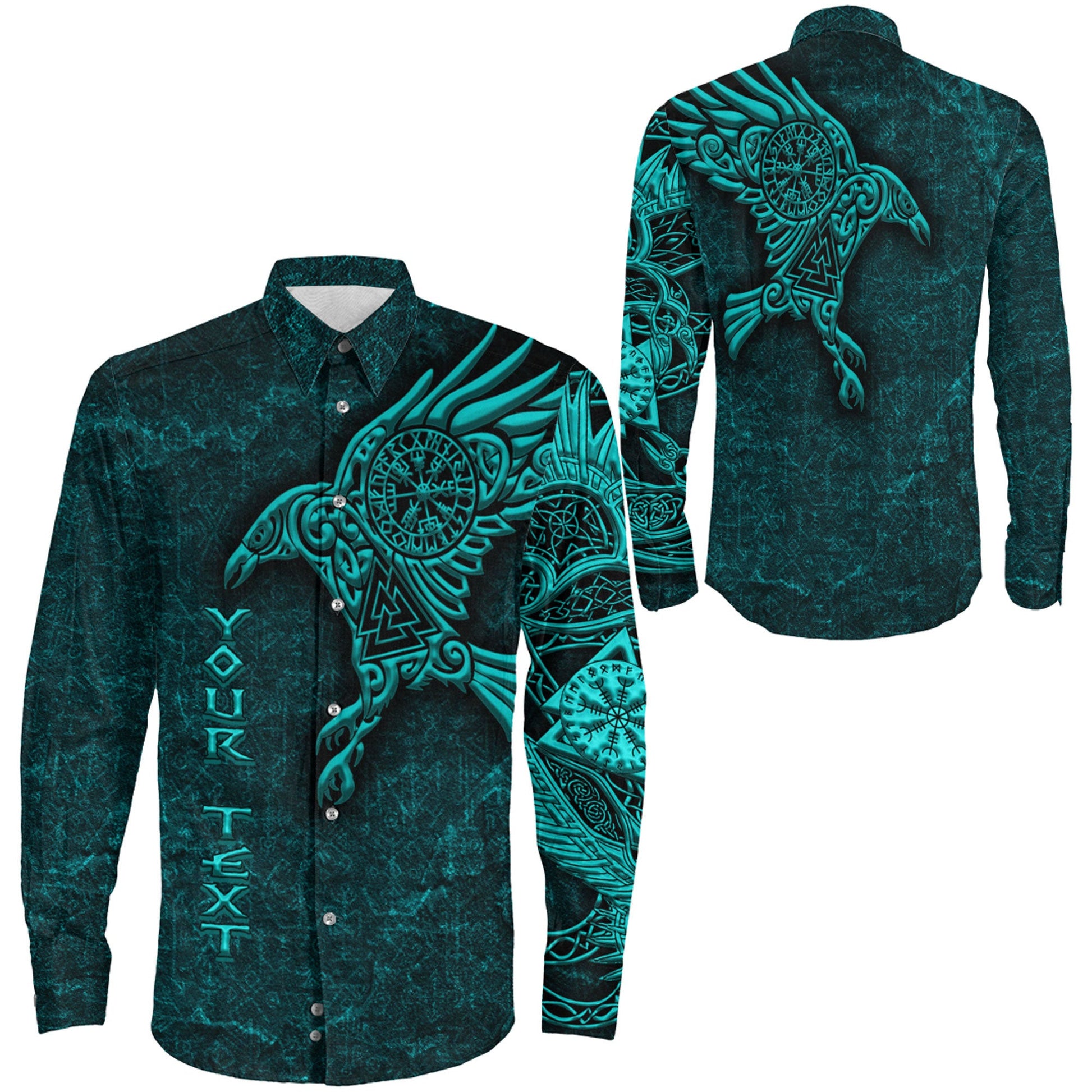 Clothing Raven Vegvisir Turquoise Custom Viking Long Sleeve Button Shirt