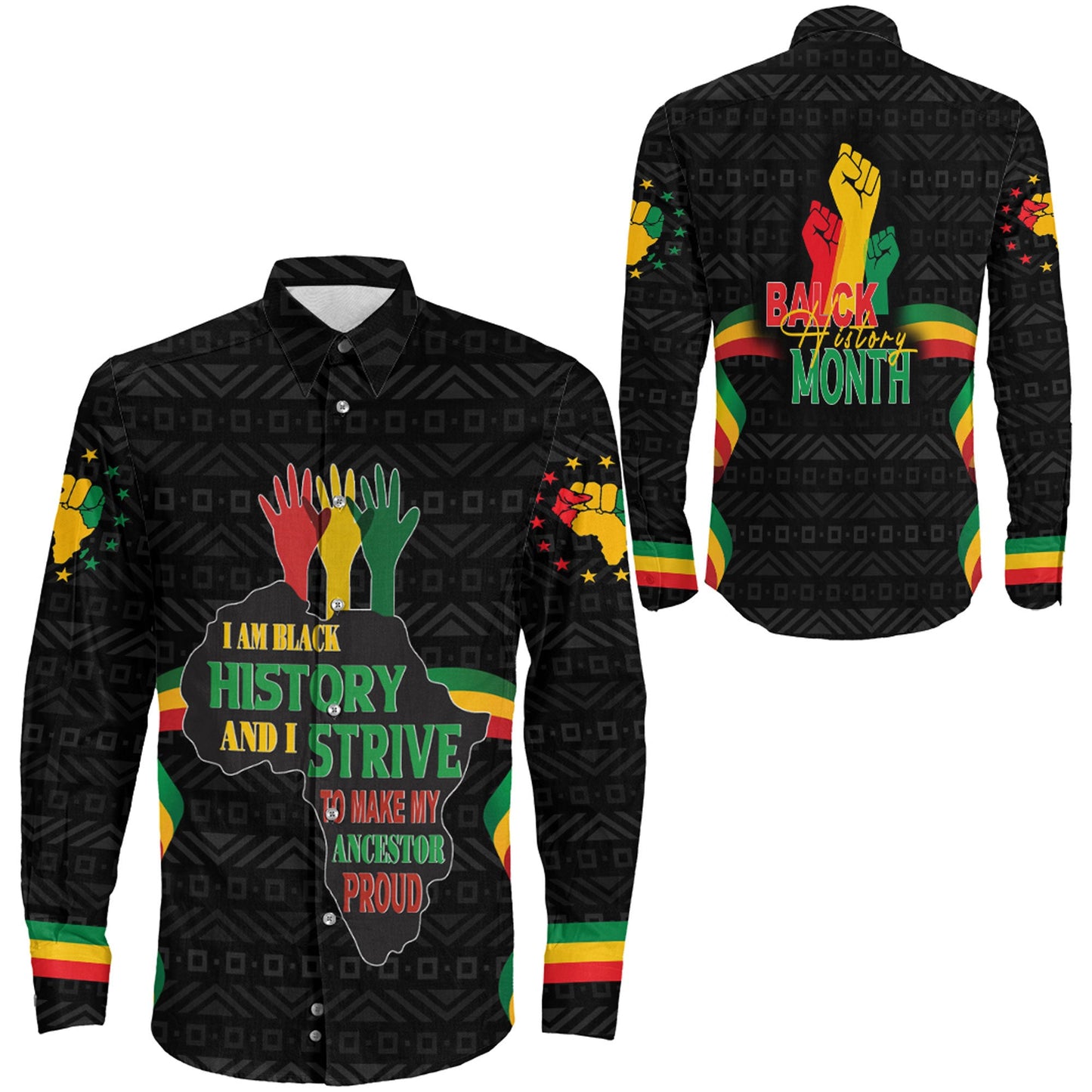 Africazone Clothing Black History Month Hand Long Sleeve Button Shirt