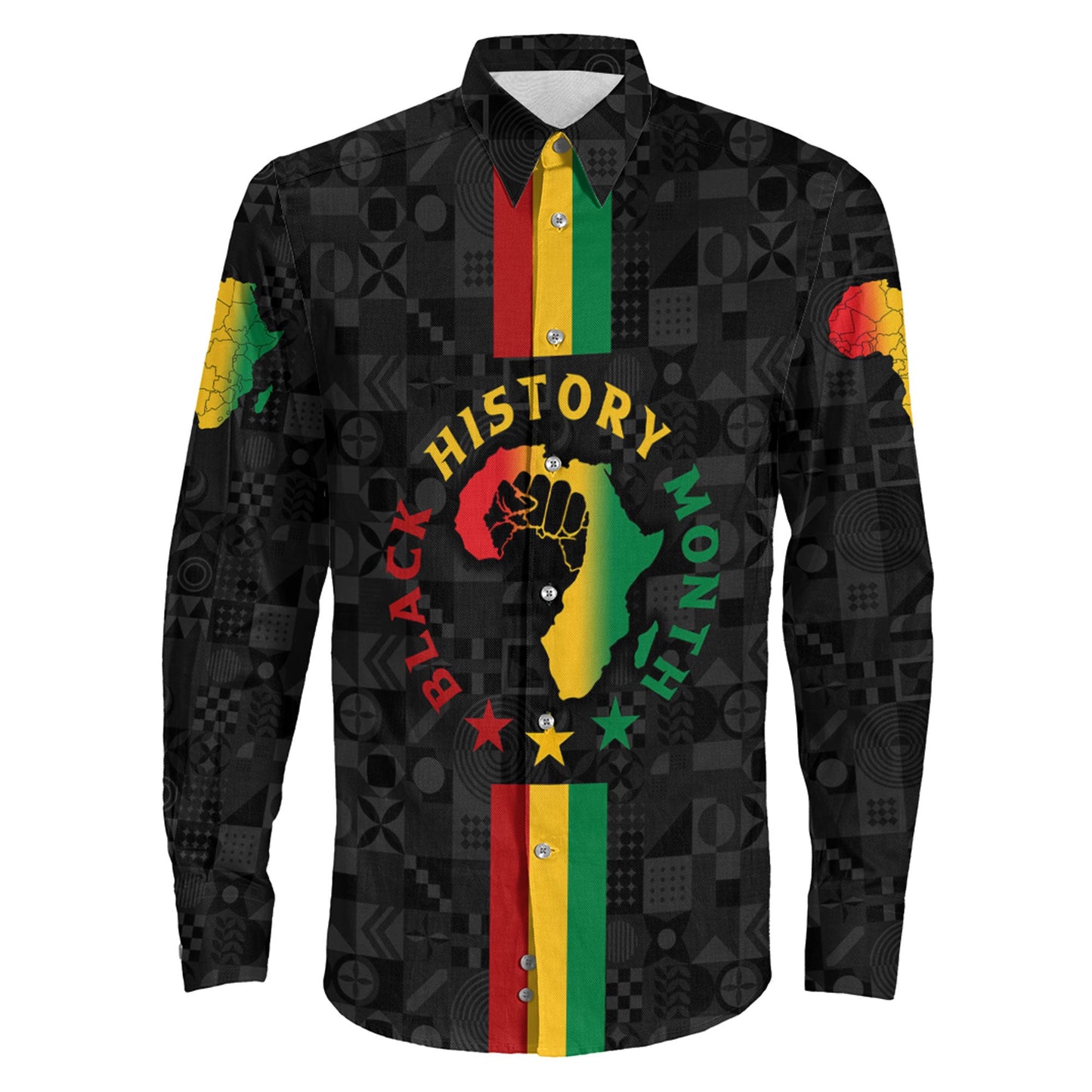 Africazone Clothing Black History Month Map Long Sleeve Button Shirt