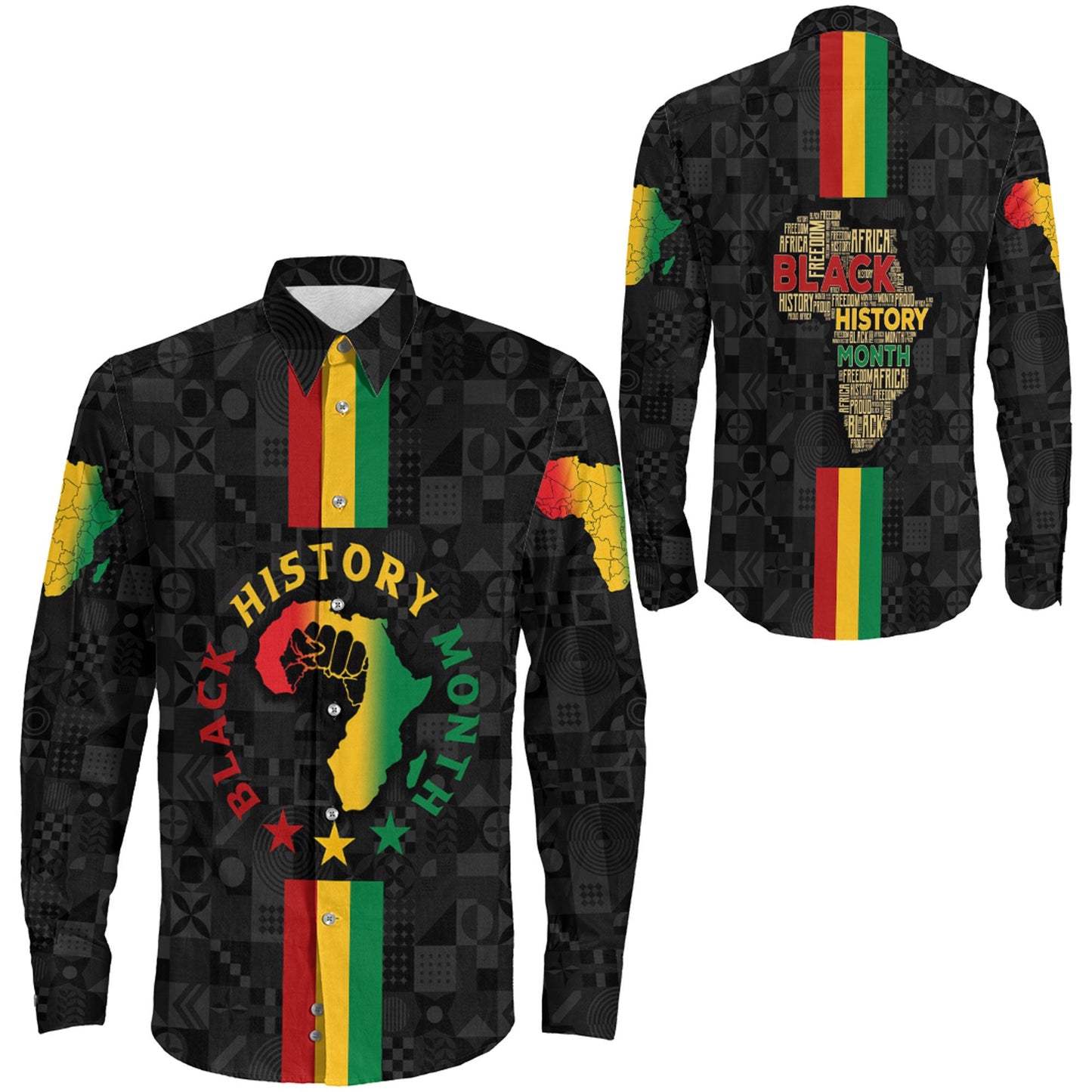 Africazone Clothing Black History Month Map Long Sleeve Button Shirt