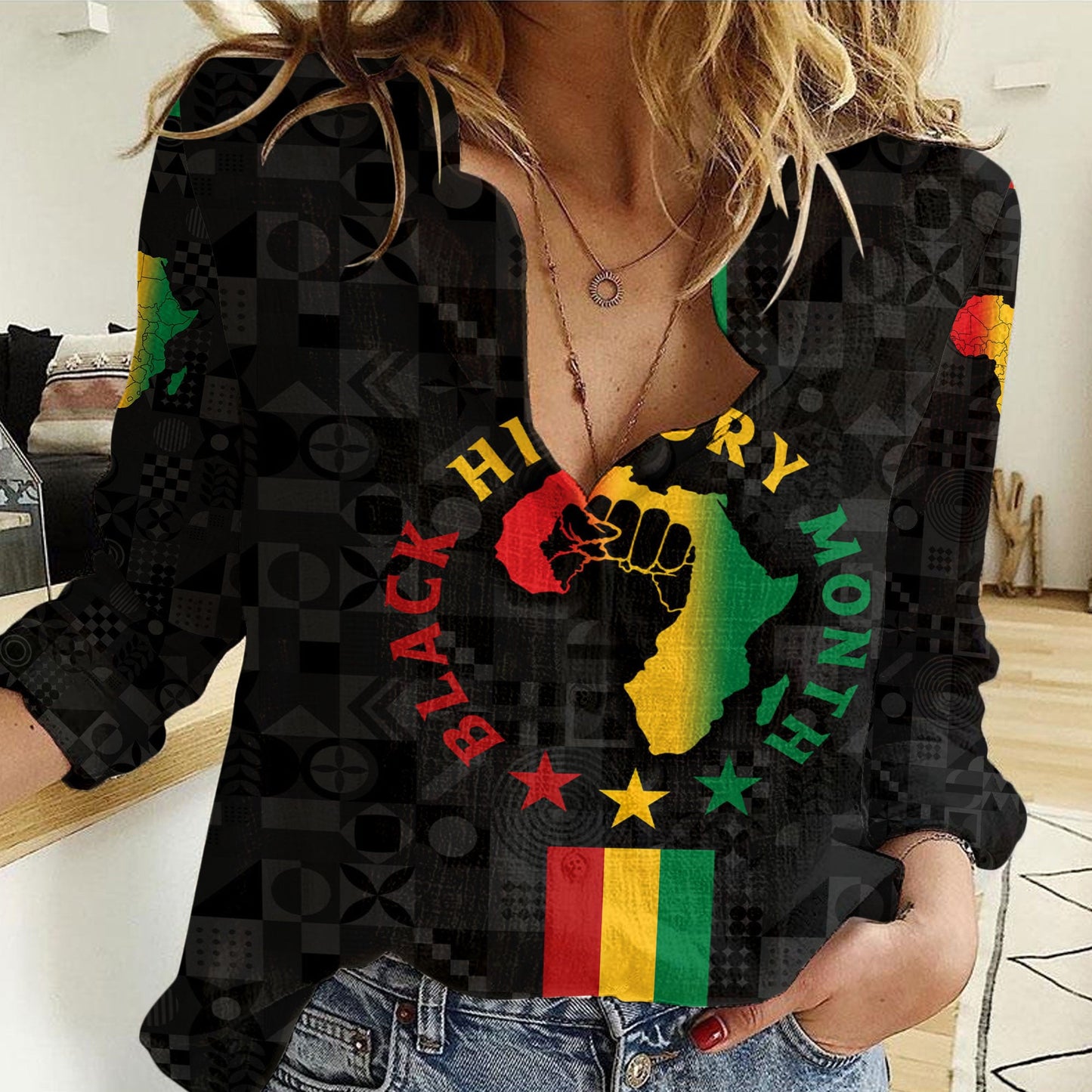 Africazone Clothing Black History Month Map Women Casual Shirt
