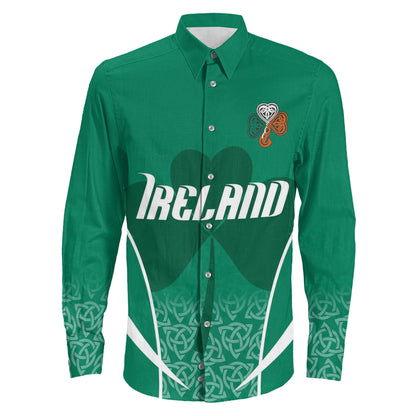 Clothing Ireland Irish Three Leaf Clover Celtic Pattern Long Sleeve Button Shirt