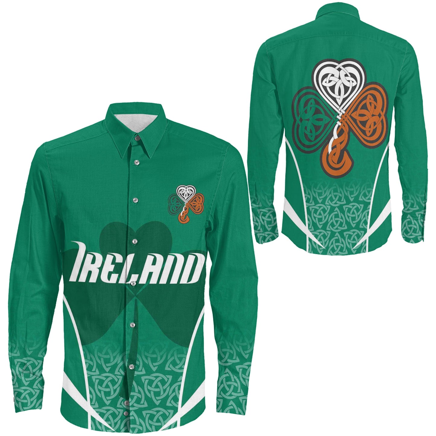 Clothing Ireland Irish Three Leaf Clover Celtic Pattern Long Sleeve Button Shirt