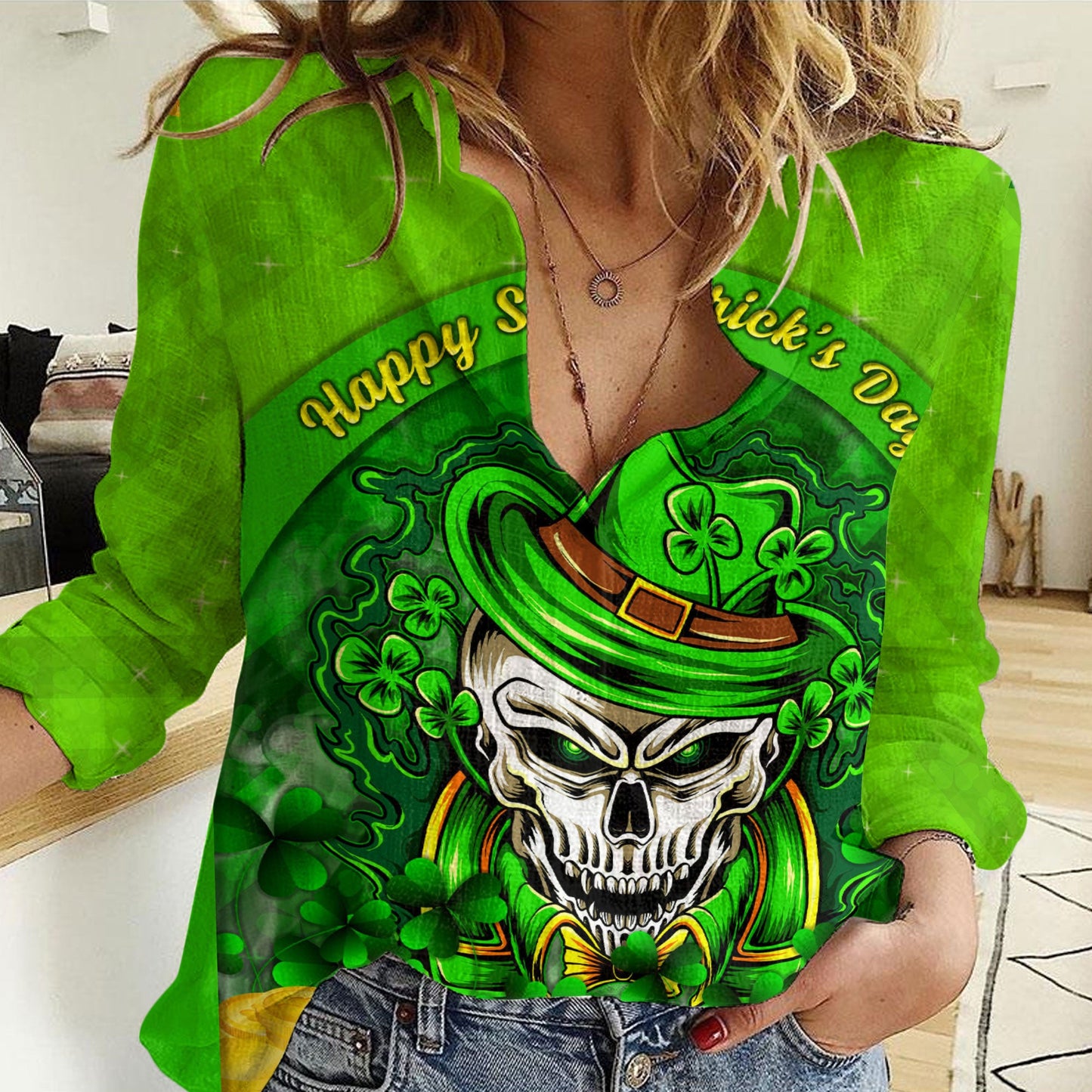 Clothing Saint Patrick Day Skull And Shamrock Women Casual Shirt