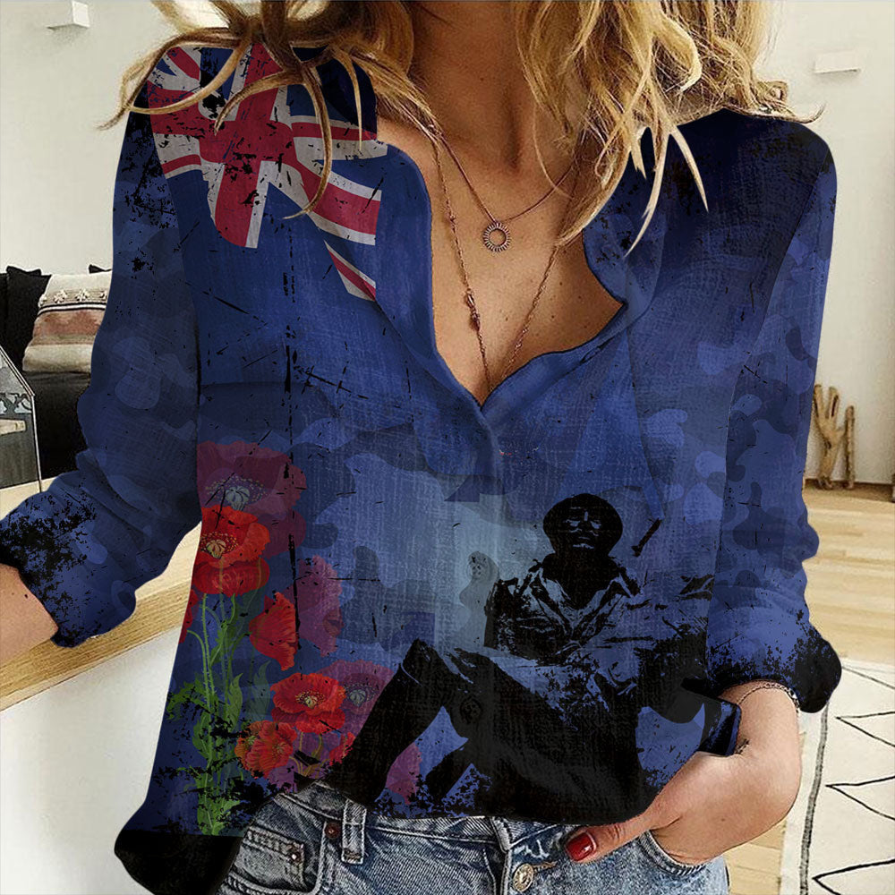Clothing New Zealand Anzac Day Soldier & Poppy Camouflage Women Casual Shirt