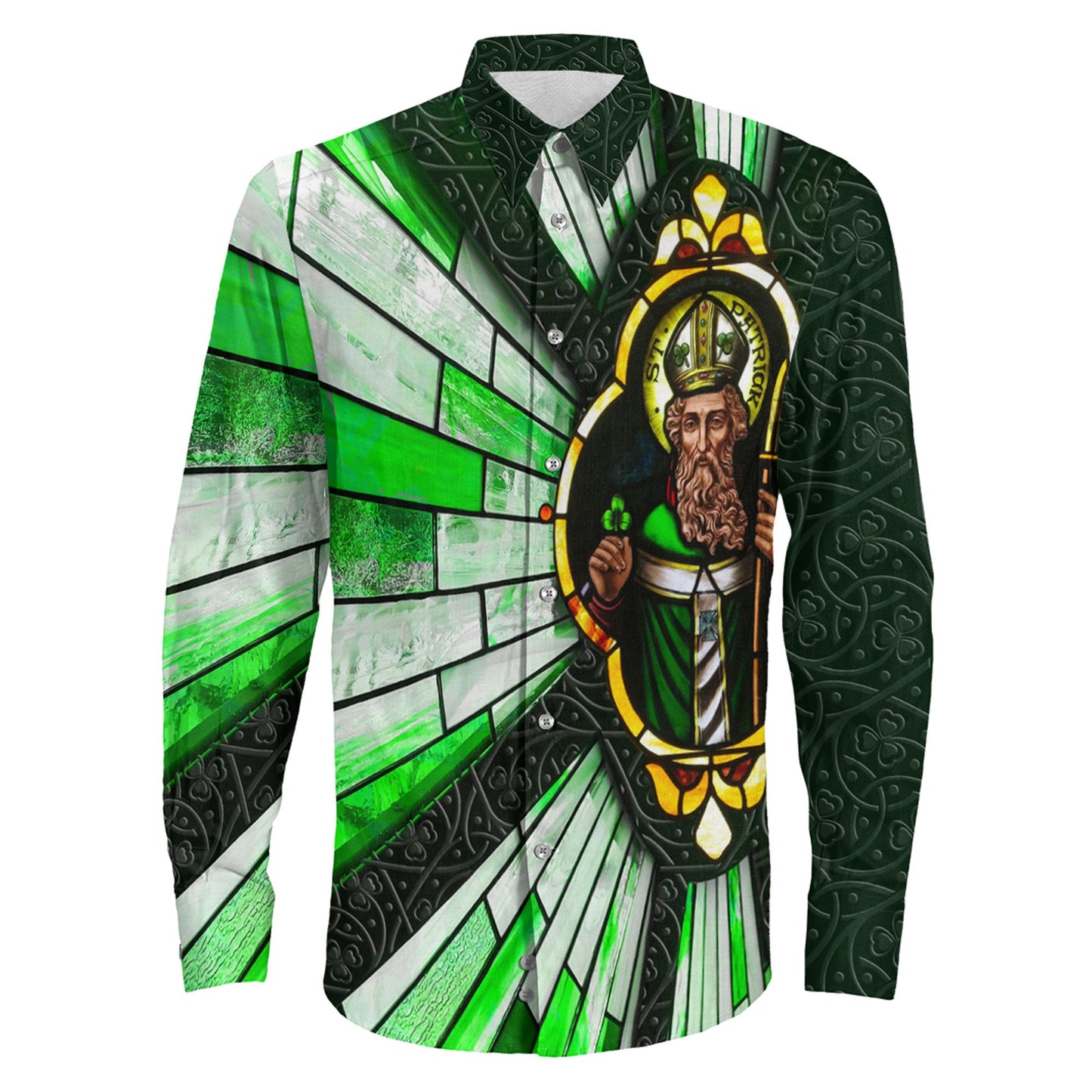 Clothing S.T Patrick Day And Cross Strained Window Style Long Sleeve Button Shirt