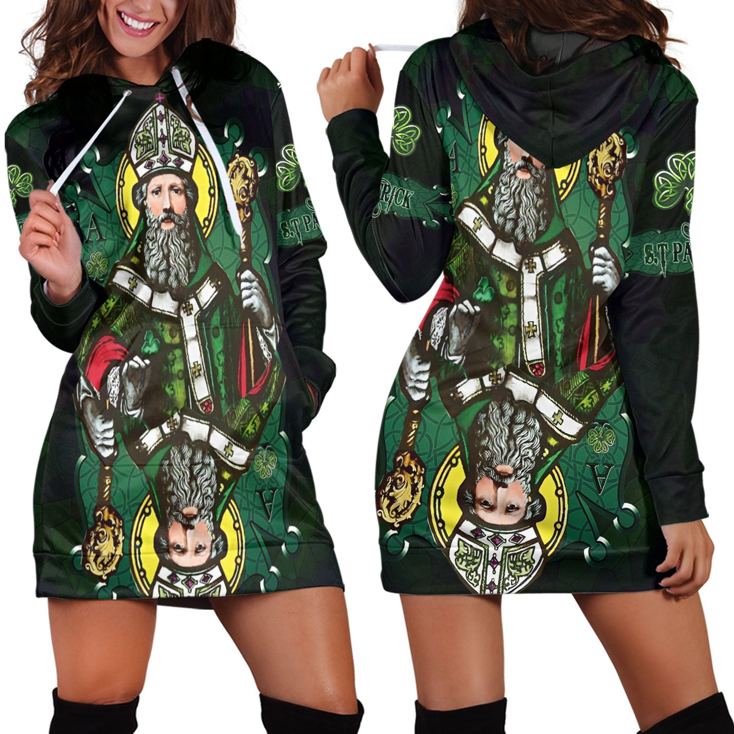 Clothing ST Patrick Day Card Style Three Leaf Clover Hoodie Dress