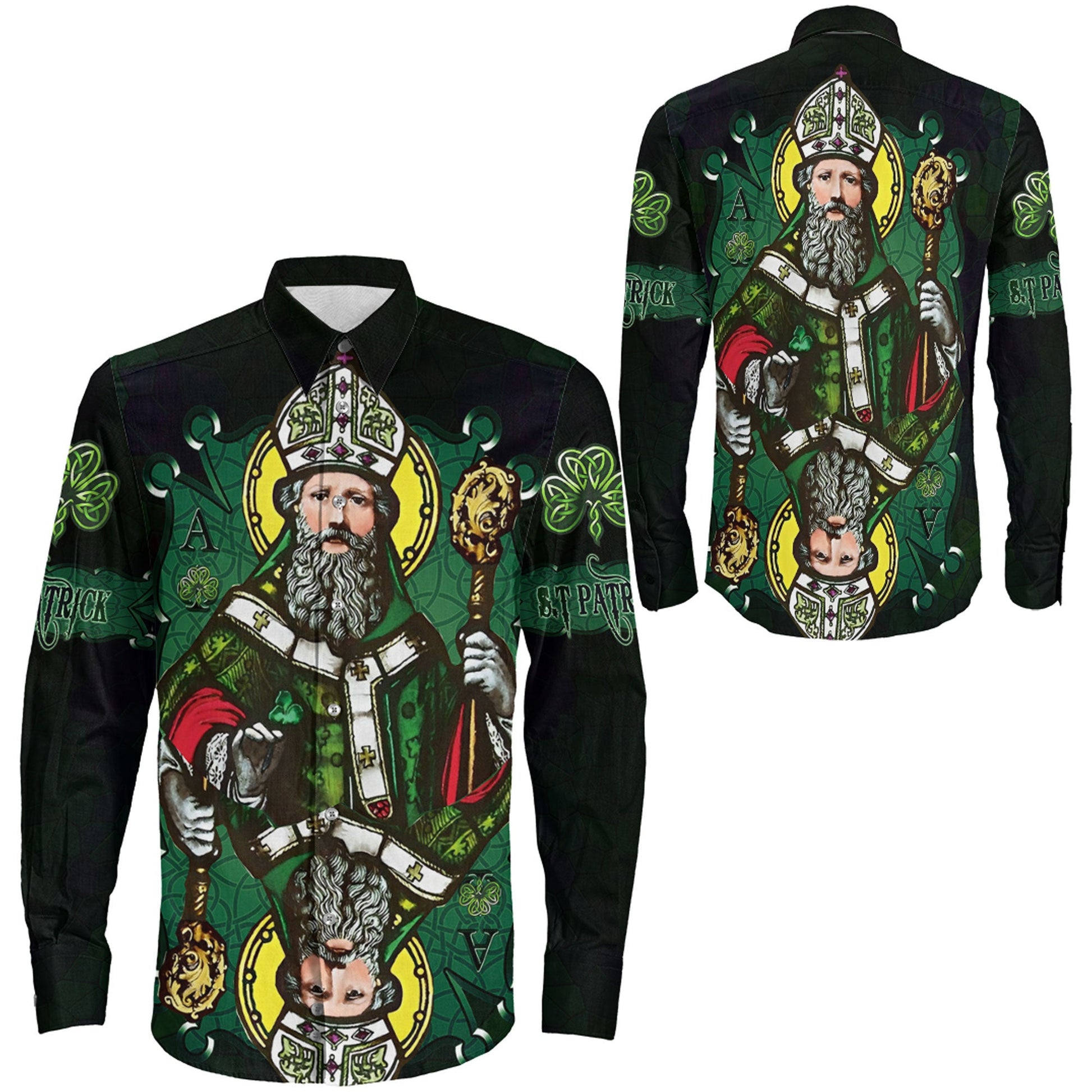 Clothing St Patrick Day Card Style Three Leaf Clover Long Sleeve Button Shirt