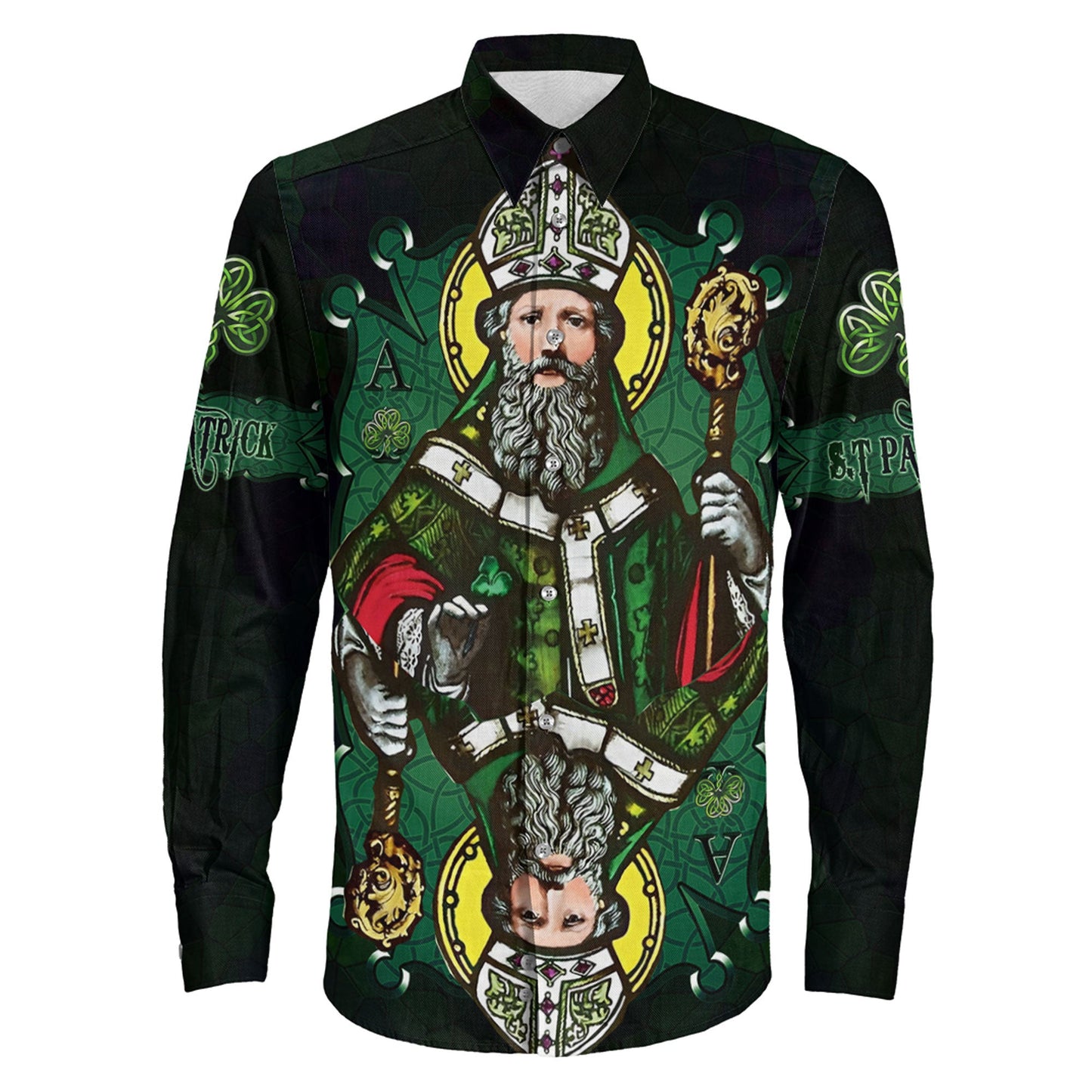 Clothing St Patrick Day Card Style Three Leaf Clover Long Sleeve Button Shirt