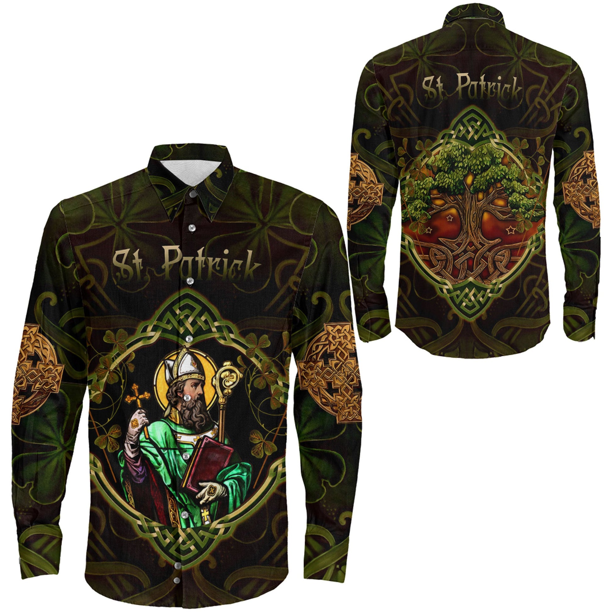 Clothing St Patrick Day Yggdrasil Three Leaf Clover Celtic Style Long Sleeve Button Shirt
