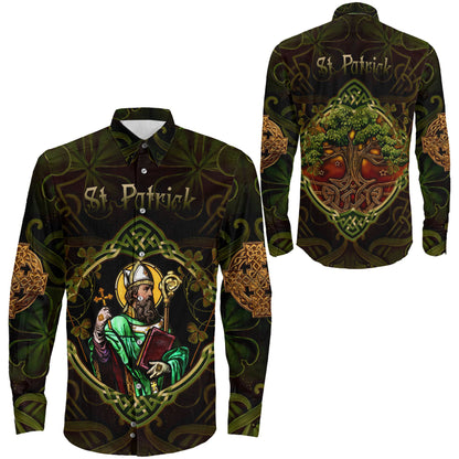 Clothing St Patrick Day Yggdrasil Three Leaf Clover Celtic Style Long Sleeve Button Shirt