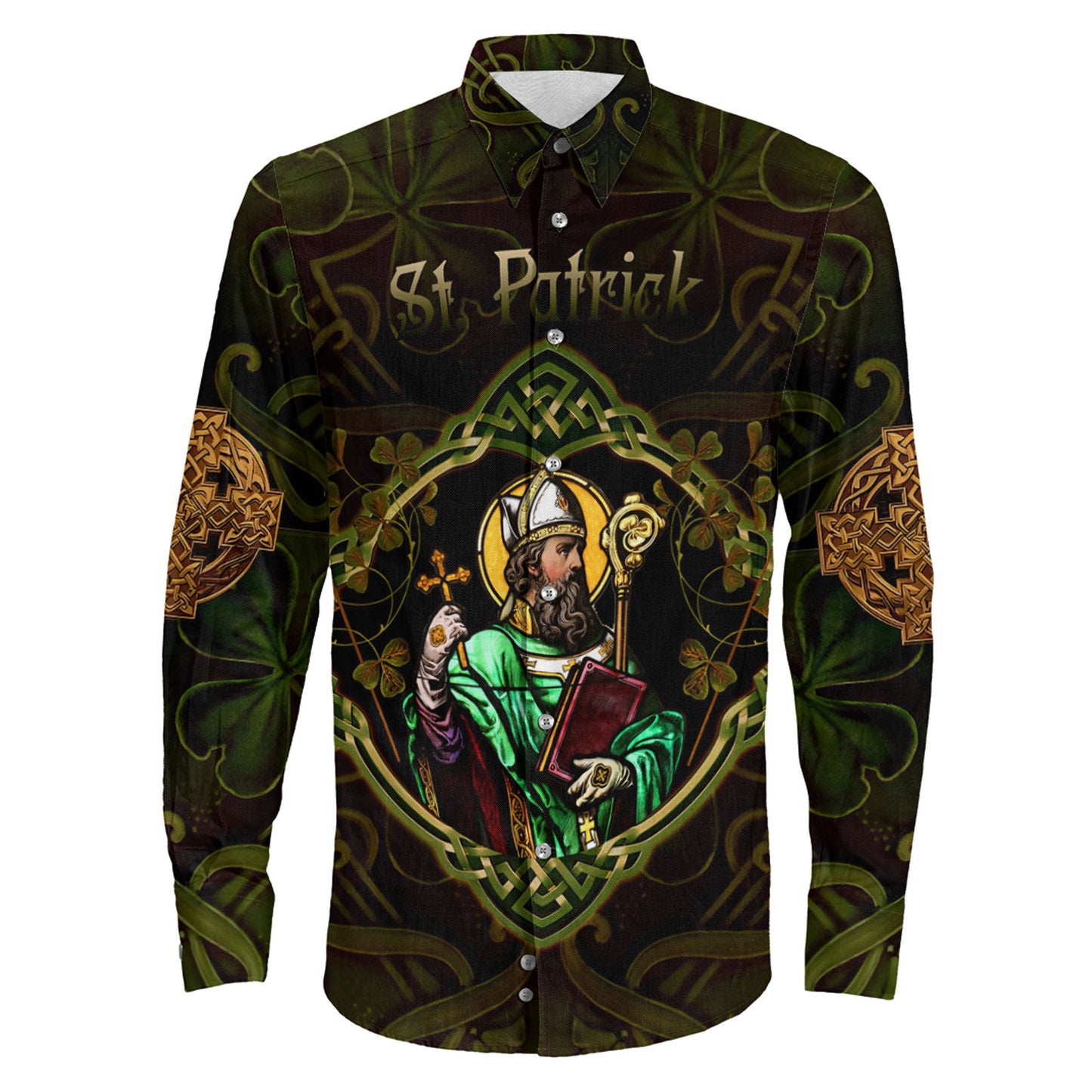 Clothing St Patrick Day Yggdrasil Three Leaf Clover Celtic Style Long Sleeve Button Shirt