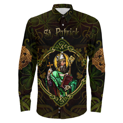 Clothing St Patrick Day Yggdrasil Three Leaf Clover Celtic Style Long Sleeve Button Shirt