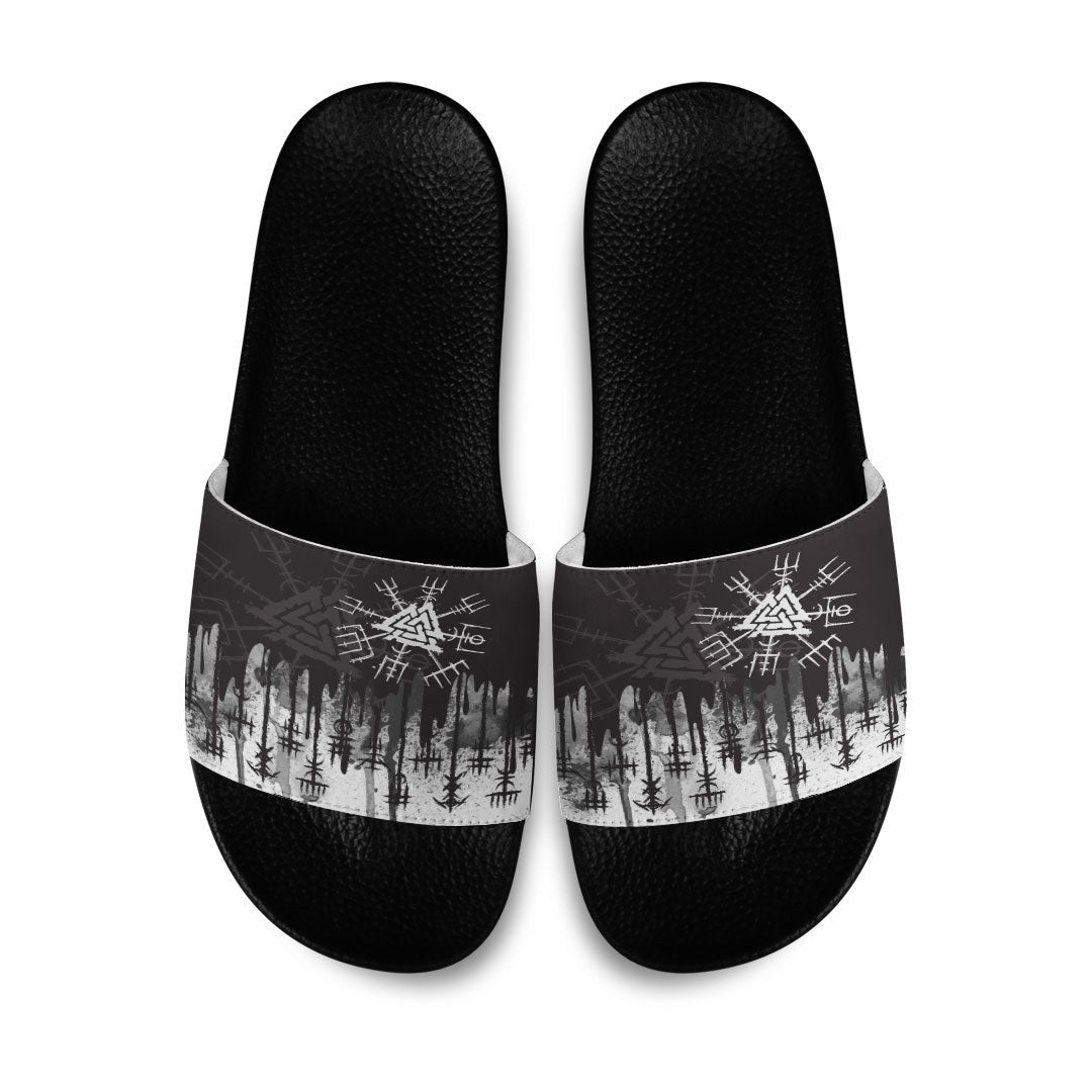 Slide Sandals White Vegvisir and Valknut Style Slide Sandals