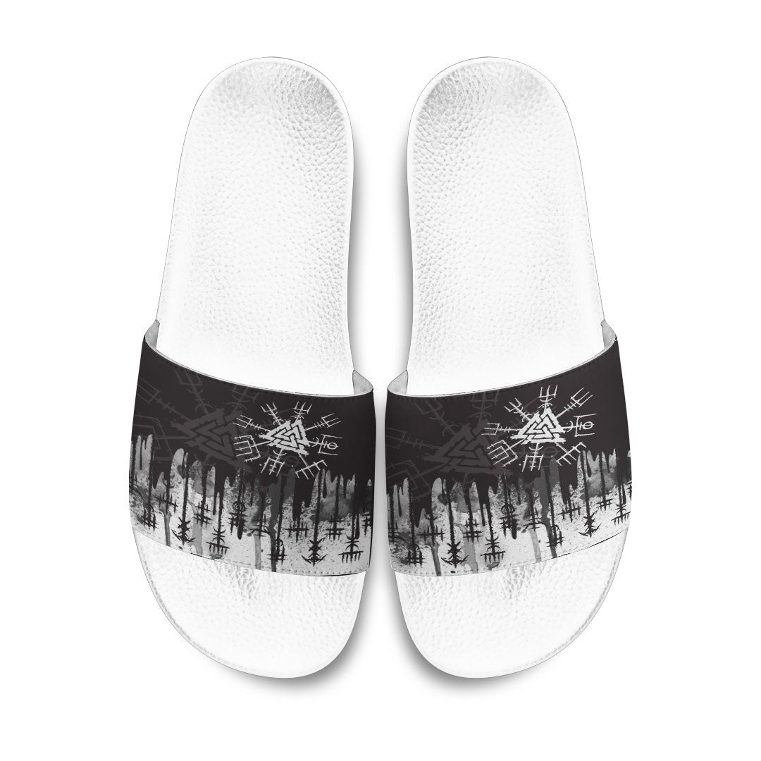 Slide Sandals White Vegvisir and Valknut Style Slide Sandals