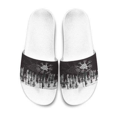 Slide Sandals White Vegvisir and Valknut Style Slide Sandals