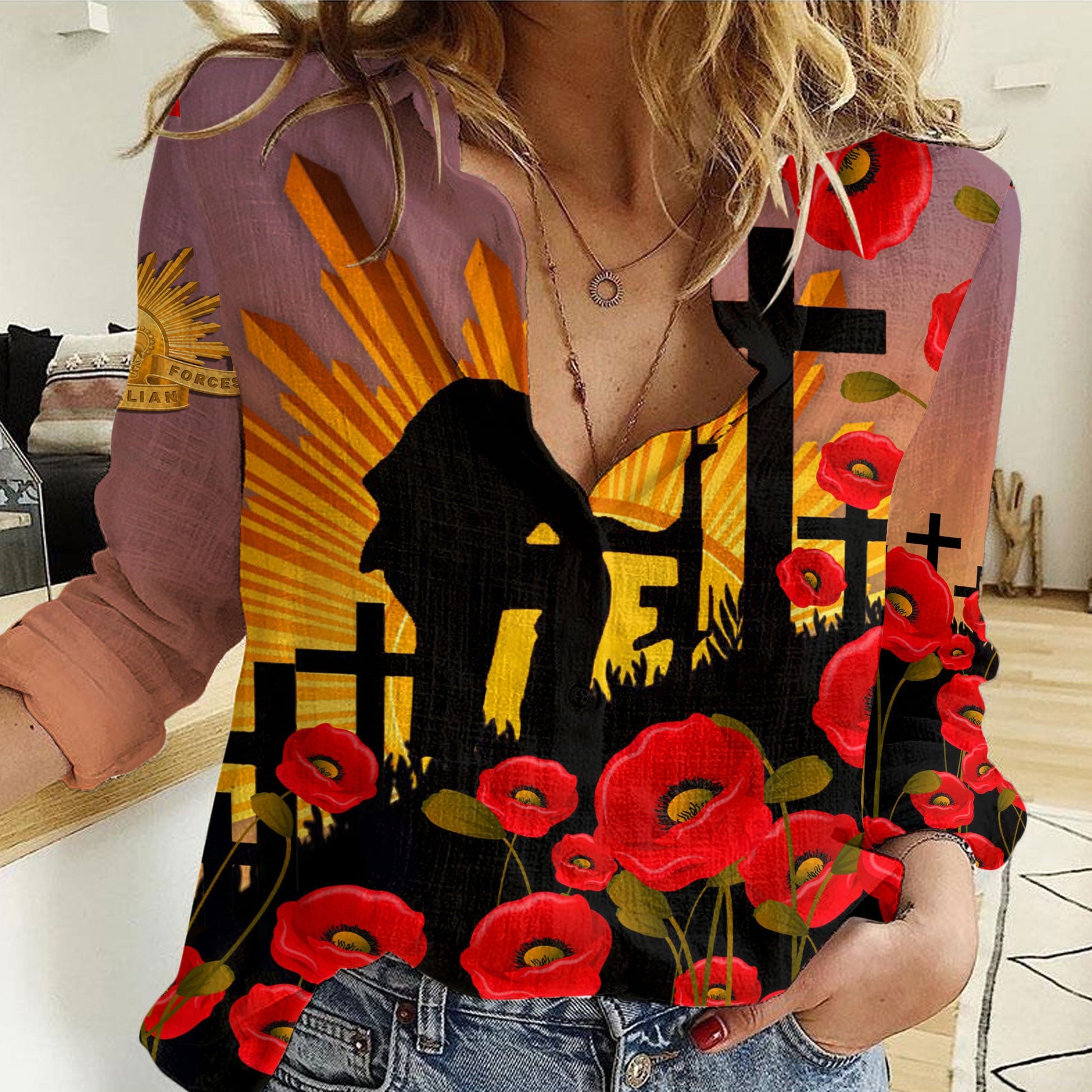 Clothing Anzac Day Poppy Women Casual Shirt