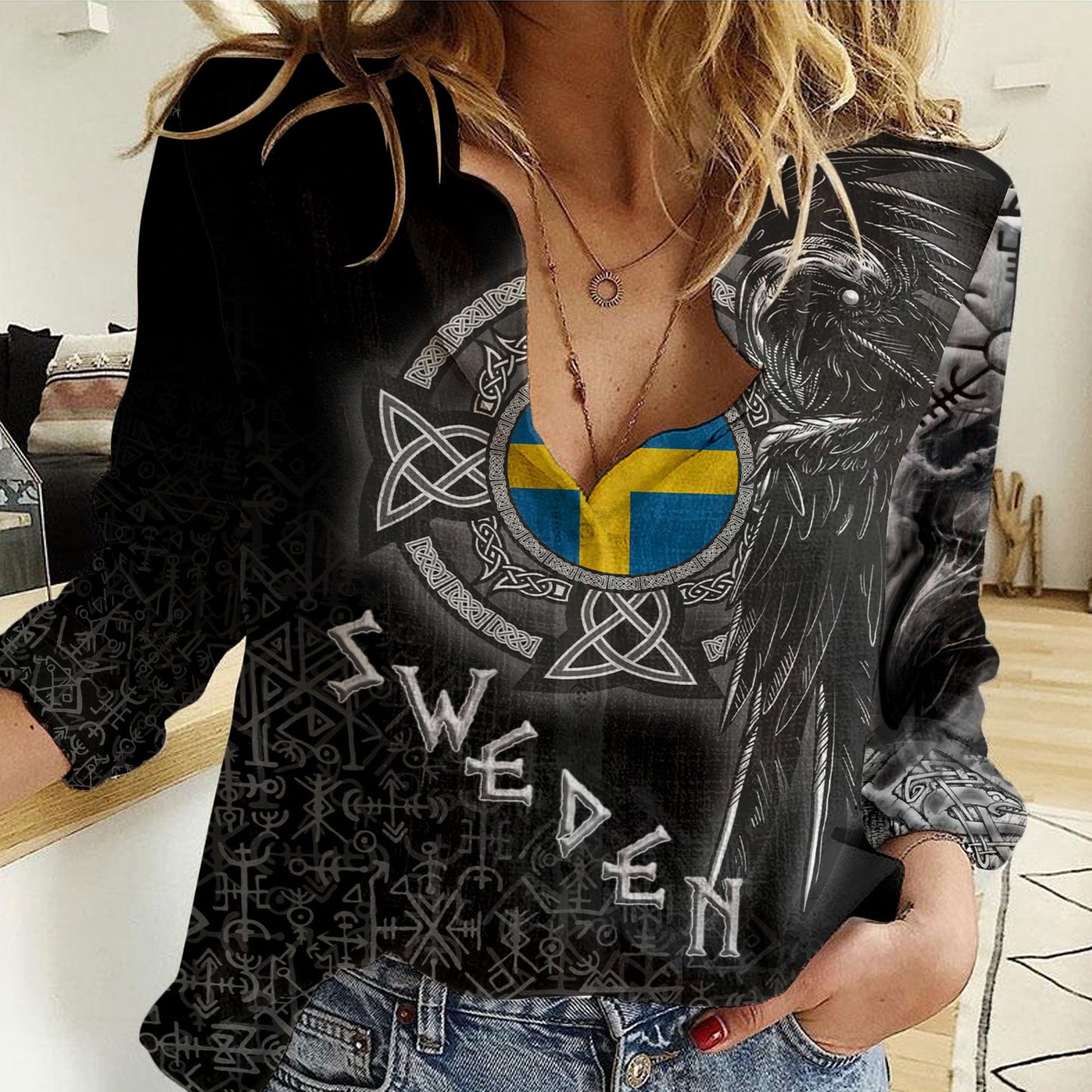 Clothing Sweden Raven Viking Custom Women Casual Shirt
