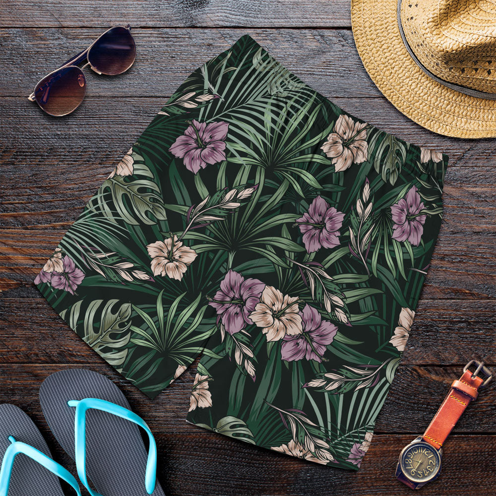 Short Vintage Blooming Hibiscus Flowers And Exotic Leaves Men Short